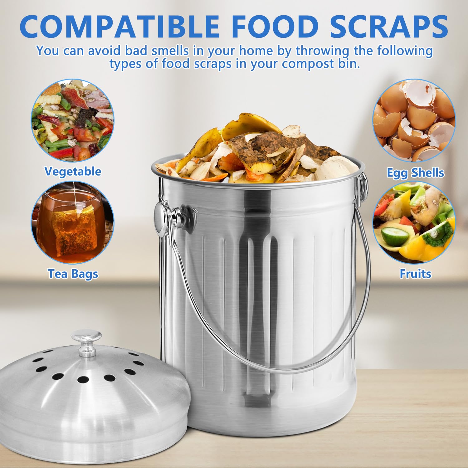 ENLOY Stainless Steel Compost Bin, 1.3 Gallon Kitchen Countertop Pail, Odorless with Carrying Handle, Silver