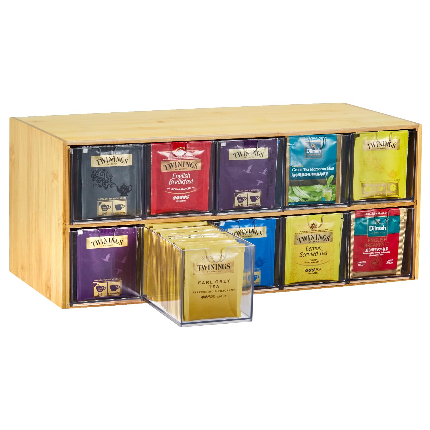 Timieeya Tea Bag Organizer - Bamboo Tea Storage Organizer With Drawer 2 Layer, Tea Organizer For Tea Bags Natural Wood & Acrylic