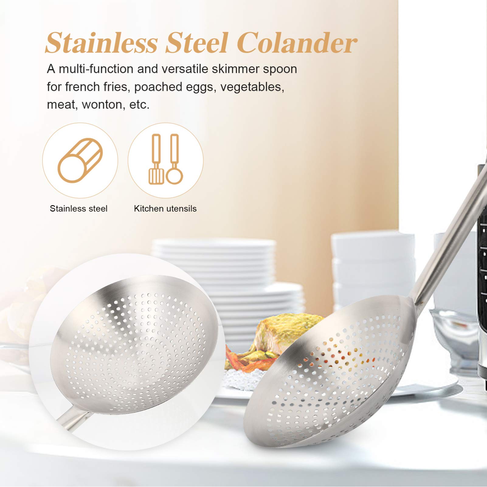Yardwe Pasta Strainer Stainless Steel Skimmer Spoon Slotted Strainer Ladle Fine Mesh Wire Oil Filter Mandarin Colander Scoop For