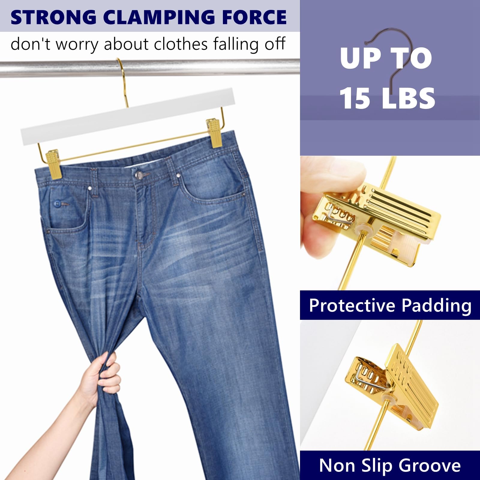 Amber Home White Wooden Pants Skirts Hangers 24 Pack  Solid Wood Trousers Bottom Hanger with 2-Adjustable Gold Clips  Clips Hangers for Slacks  Jeans  Shorts (White + Gold  24)