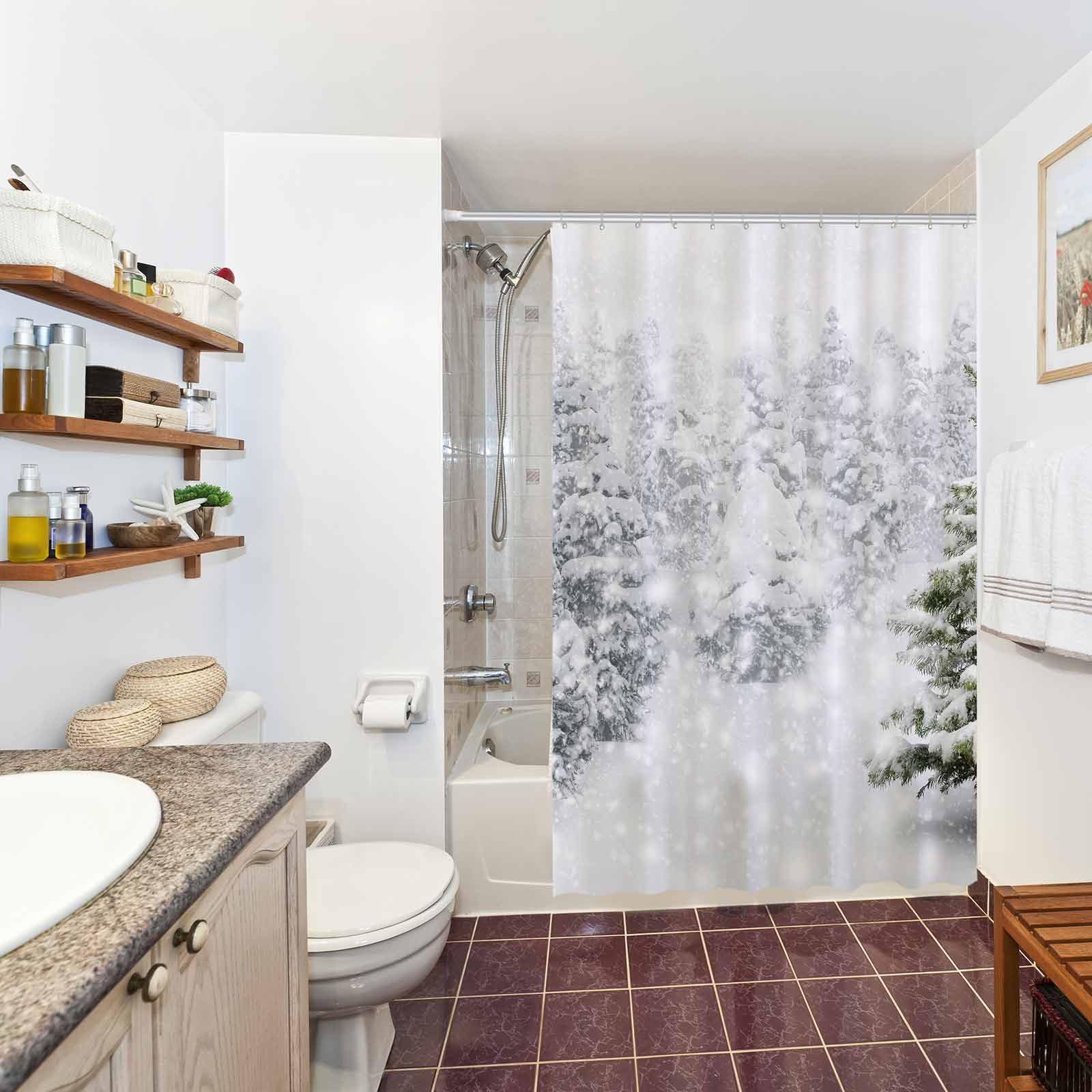 Allenjoy 72X72 Inch Christmas Shower Curtain Set Natural Winter Forest Snowflake Snowfall Bathroom Curtain Durable Waterproof Fa