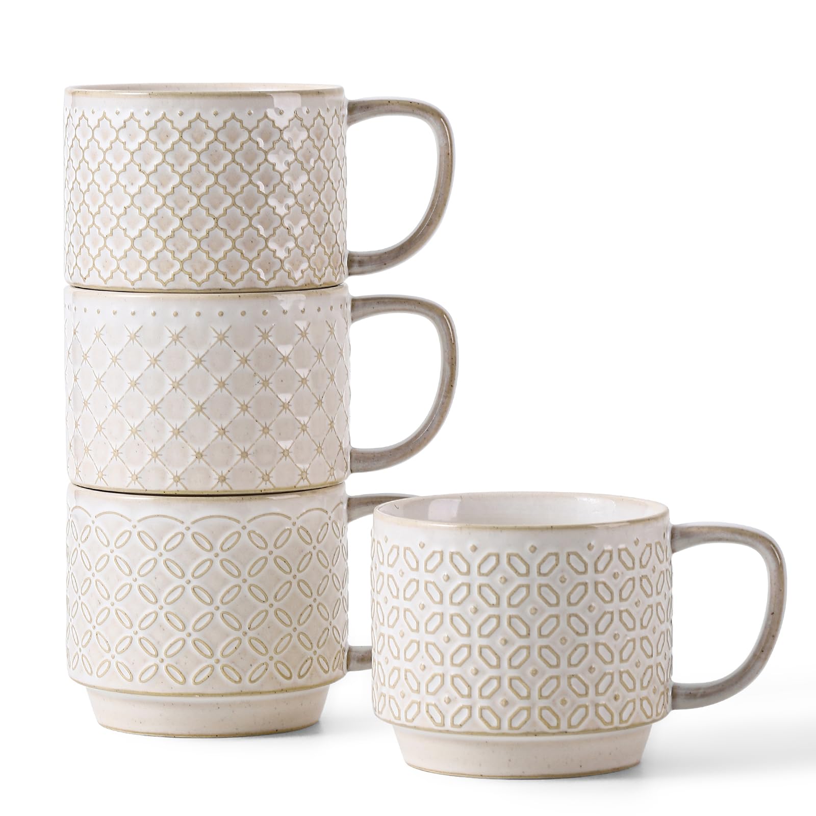 DOWAN 12oz Coffee Mugs Set of 4, Ceramic Coffee Mugs, Stackable Cappuccino Cups, Microwave Safe and Large Handle, Office and Hom