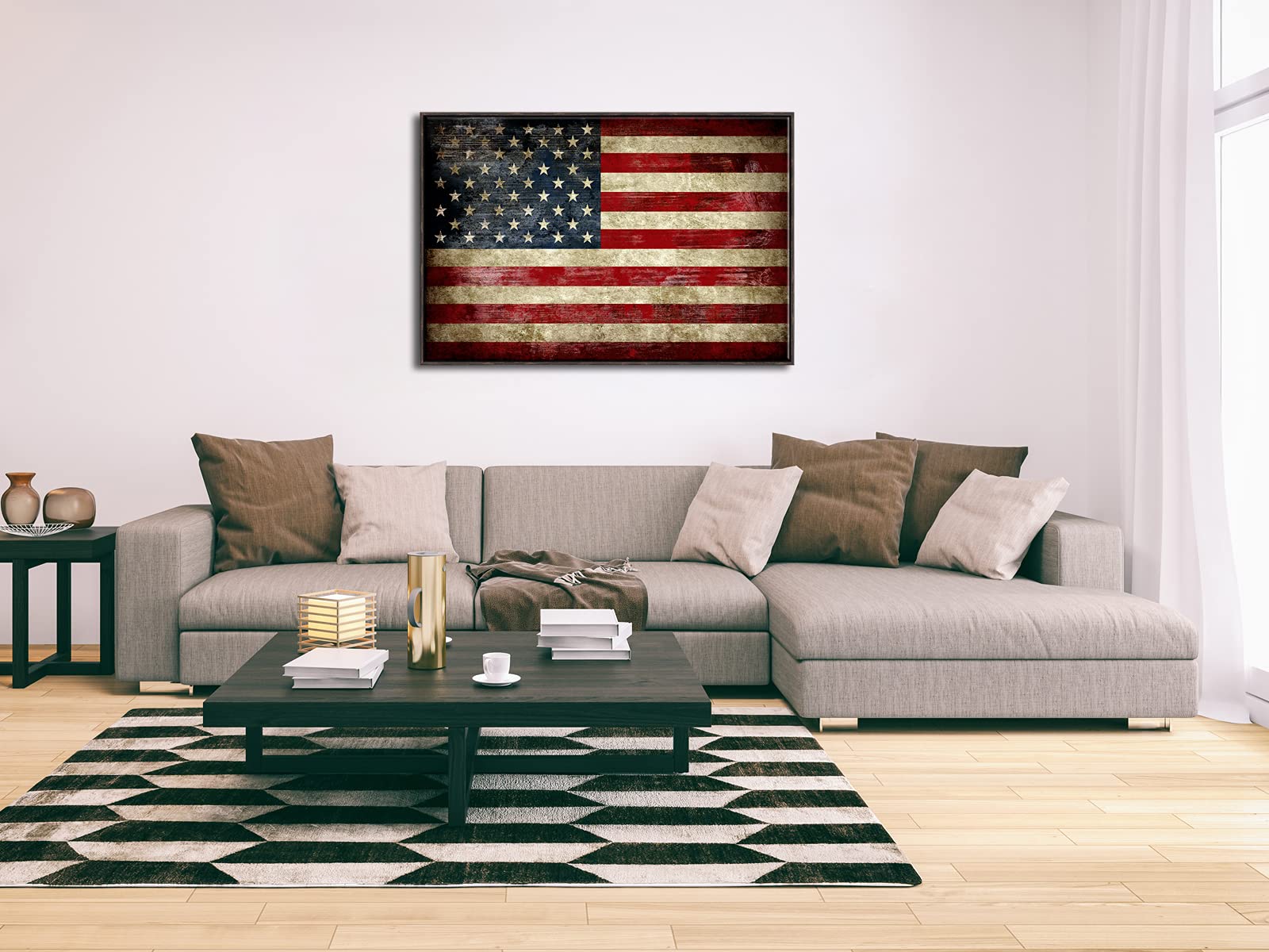 Pyradecor Walnut Framed Large Old Vintage American Flag Canvas Prints Wall Art Pictures Paintings For Living Room Office Home De