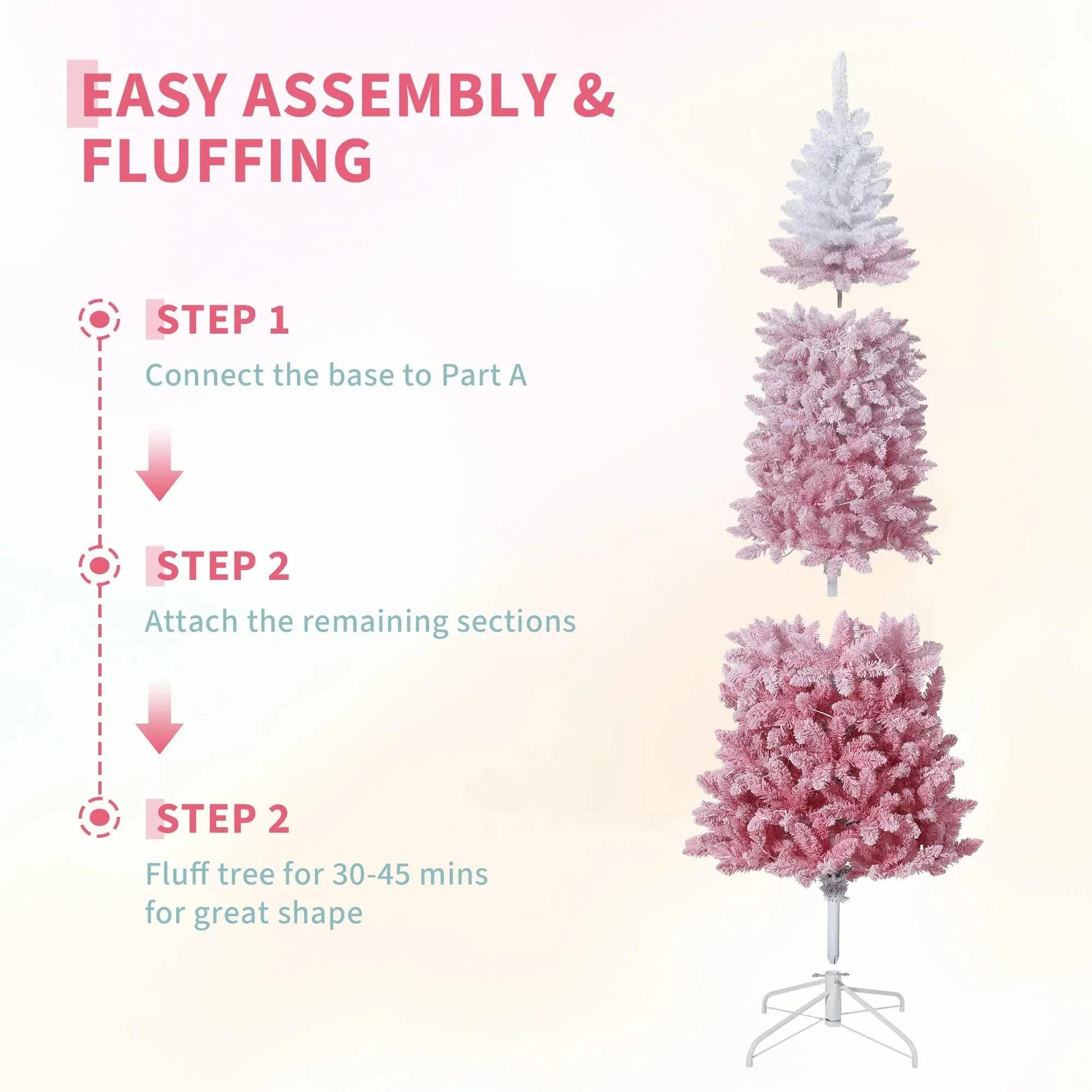 6ft Snow Flocked Pencil Christmas Tree with Pink Gradient, Slim Artificial Xmas Tree on Sturdy Metal Stand, Skinny Holiday Decor