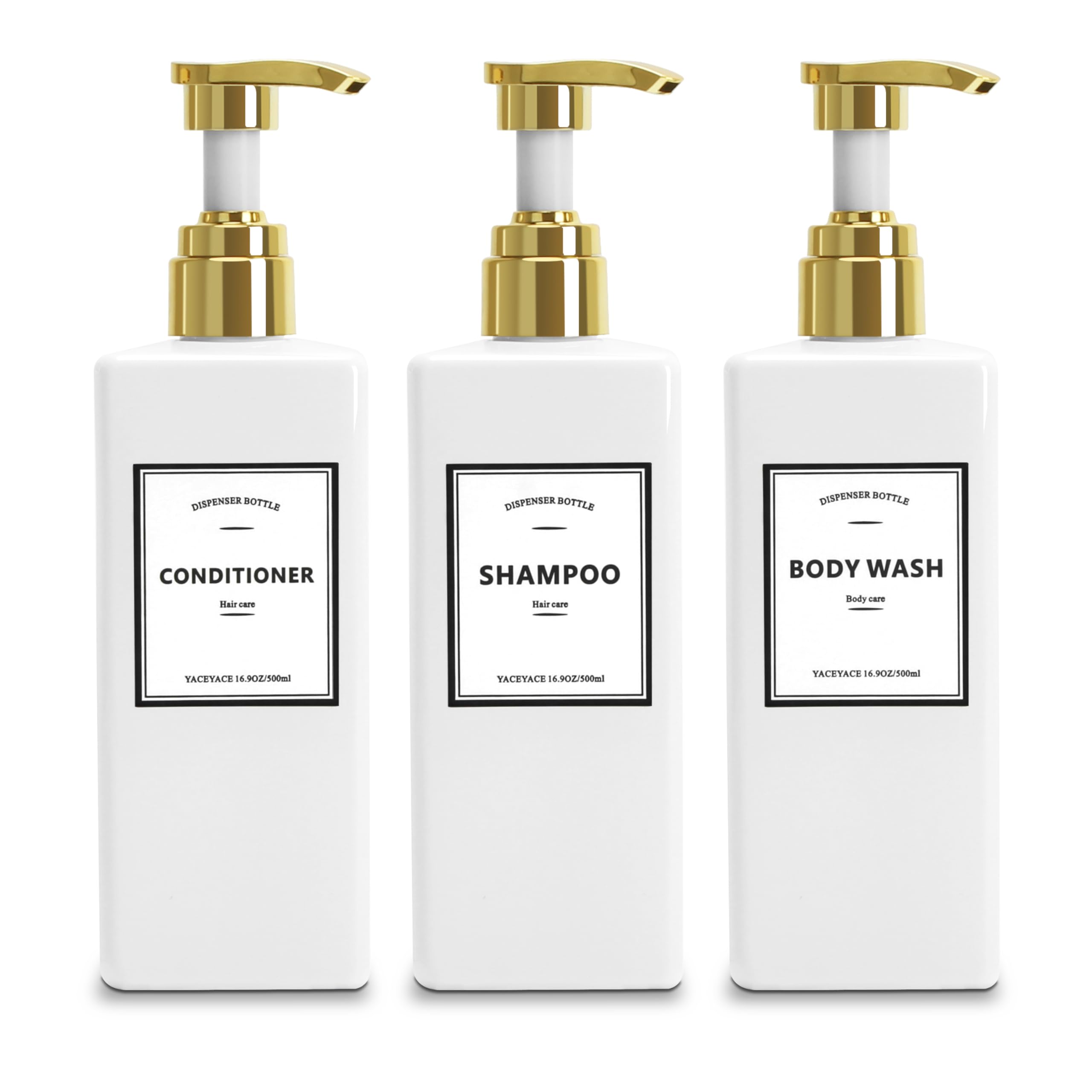White Shampoo Bottles With Gold Pump, Yaceyace 16.9Oz Set Of 3 Empty Black Shower Bottles, Elegant Boutique Shampoo Dispenser Fo