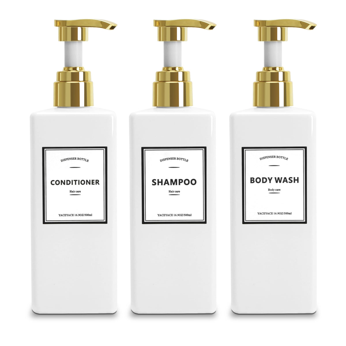 White Shampoo Bottles With Gold Pump, Yaceyace 16.9Oz Set Of 3 Empty Black Shower Bottles, Elegant Boutique Shampoo Dispenser Fo