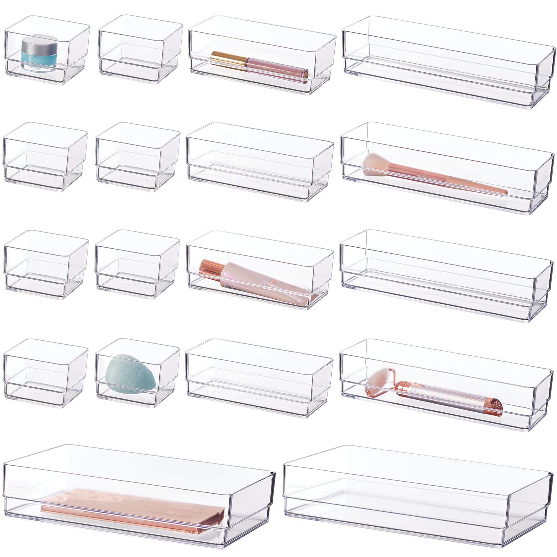 STORi SimpleSort 18-Piece Stackable Clear Drawer Organizer Set | Multi-size Trays | Makeup Vanity Storage Bins and Office Desk D