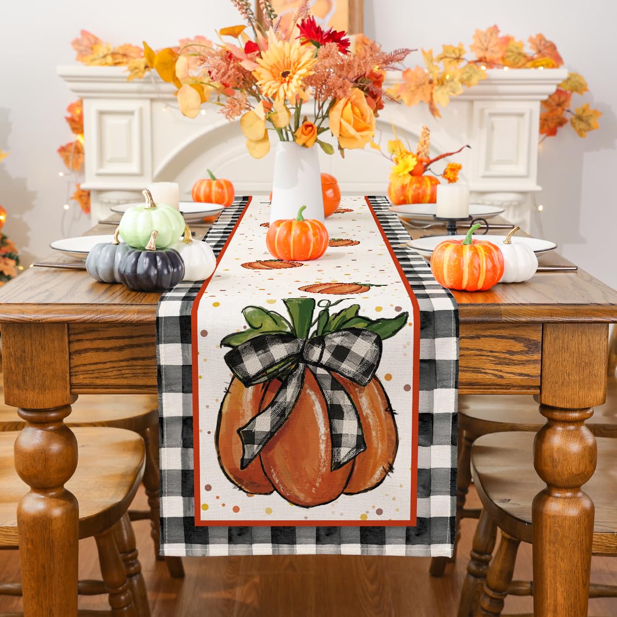 Siilues Fall Table Runner, Fall Decorations For Home Pumpkin Fall Runner For Table Seasonal Buffalo Plaid Fall Thanksgiving Holi