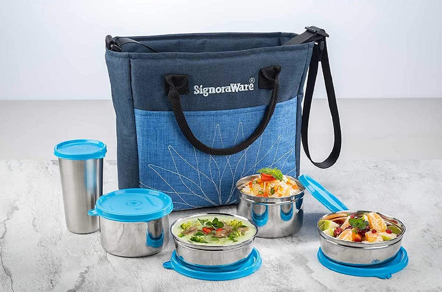Signoraware Stainless Steel Lunch Box With Bag, Set Of 5 (380Ml+380Ml+500Ml+500Ml+370Ml, Blue)