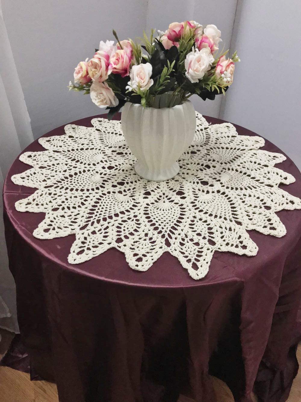 Janef Beige Handmade Crochet Cotton Table Cloth Lace Doilies Round Lace Tablecloths 20 Inches.