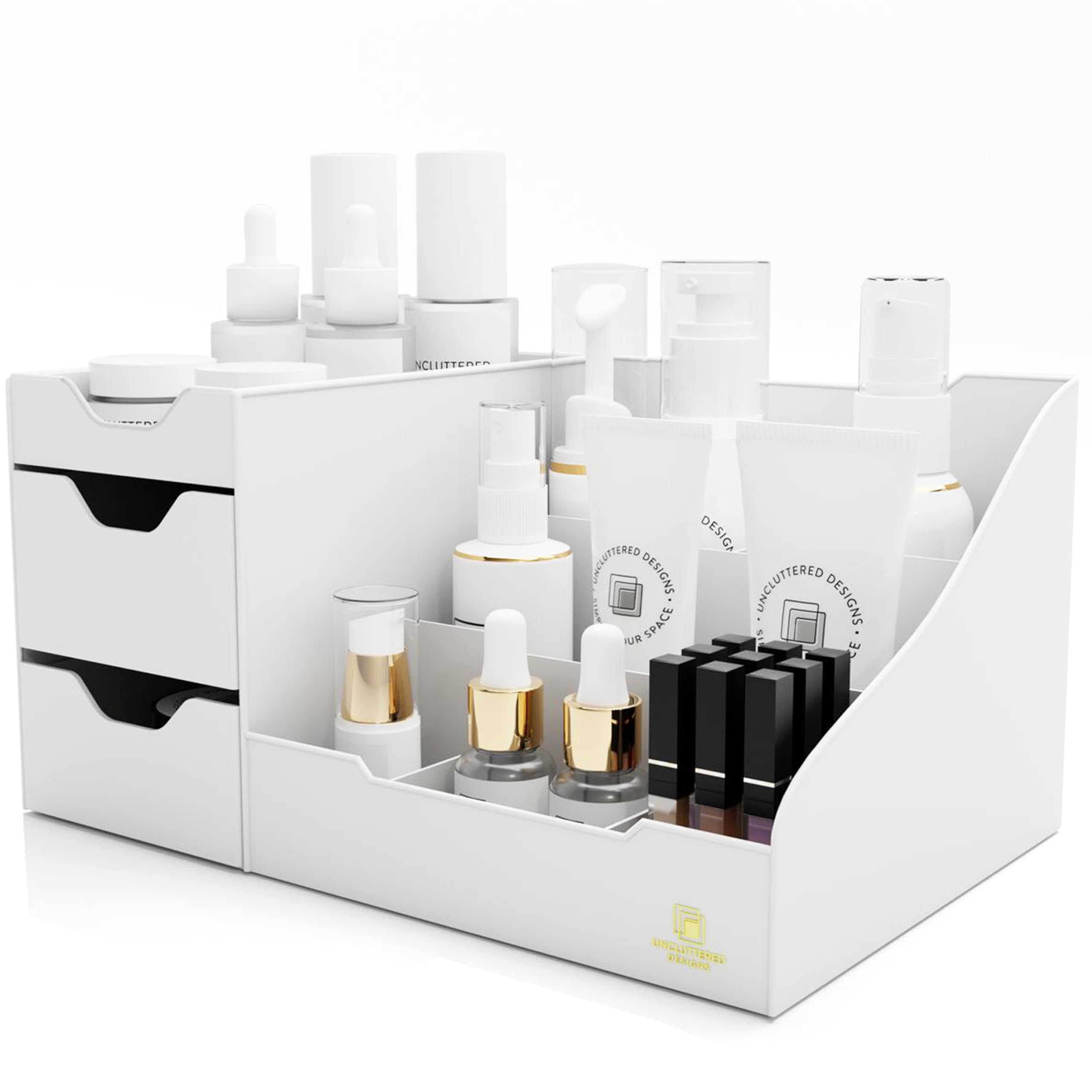 Uncluttered Designs White Makeup Organizer With Drawers-Modern Countertop & Bathroom Sink Storage-Small Dresser Cosmetic Holder for Beauty  Hair  Perfume & Skincare-Girl Vanity Toiletry Tool Caddy