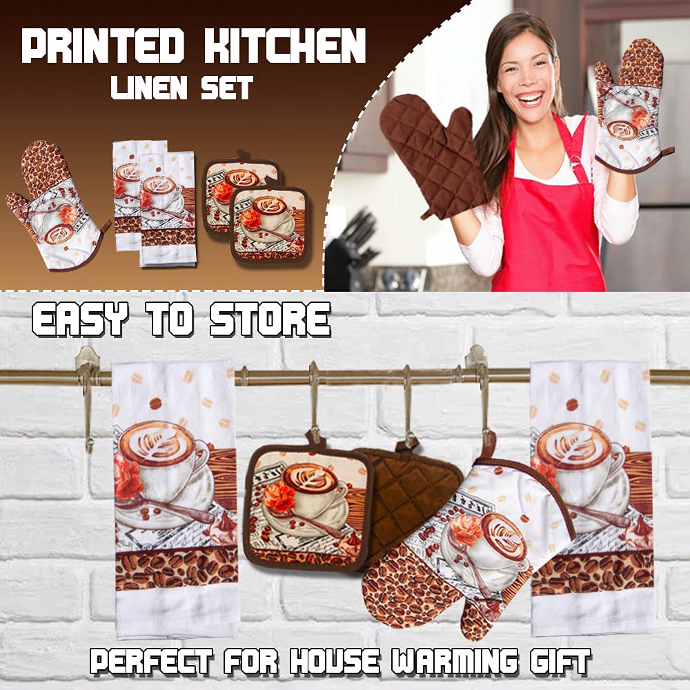 Lobyn Value Packs: 5-Piece Cafa Latte Kitchen Towel Set - Quilted Oven Mitt & 2 Potholders, Perfect For Coffee Lovers