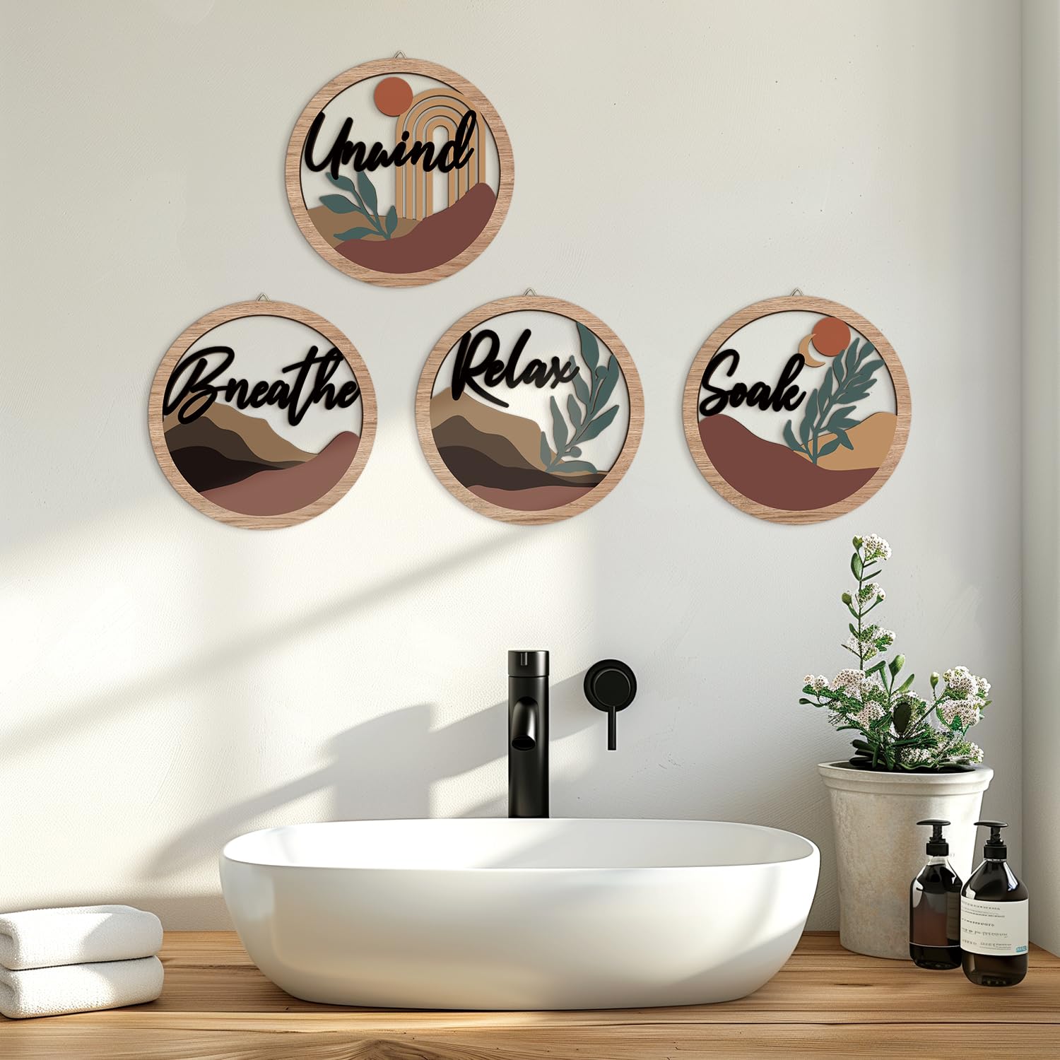 HPNIUB 4 Pcs Boho Bathroom Wall Decor with Relax Soak Unwind Breathe Relaxing Quotes Bohemian Wooden Hanging Wood Sign, Farmhous