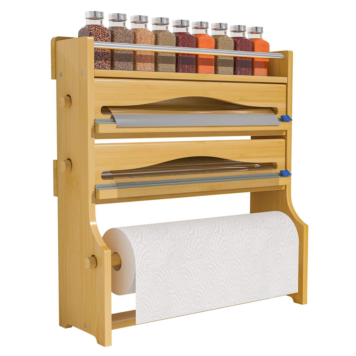 Foil Plastic Wrap Organizer Dispenser - Wall Mounted Bamboo Kitchen Paper Towel Holder with Spice Shelf,4 in 1 12 Roll Dispenser