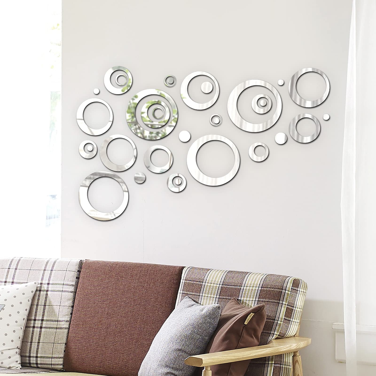 Removable Wall Mirror Sticker Decal Acrylic Setting for Home Living Room Bedroom Decor  1.5-13.5 cm  32 Pieces (Silver)