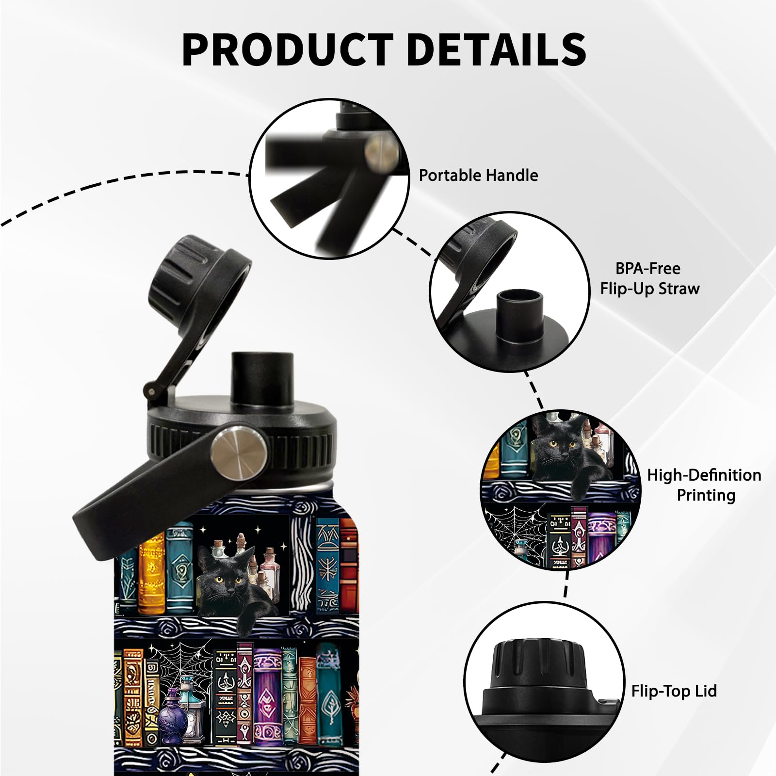 Uibunoo Book Lovers Gifts, Goth Skull Bookish Water Bottle with Lid 32oz, Bookshelf Mugs Cup Tumbler for Books Lovers, Readers W