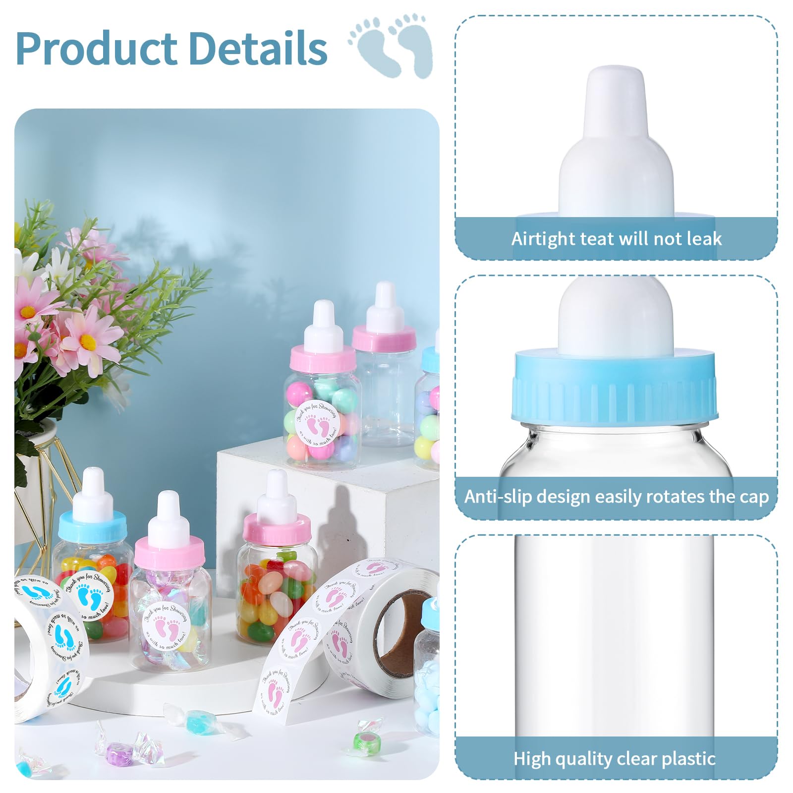 Tondiamo 48 Pcs 1.5 X 3.5 Inch Baby Shower Mini Milk Bottle With 500 Adhesive Thank You Showering Stickers, Plastic Fillable Gif