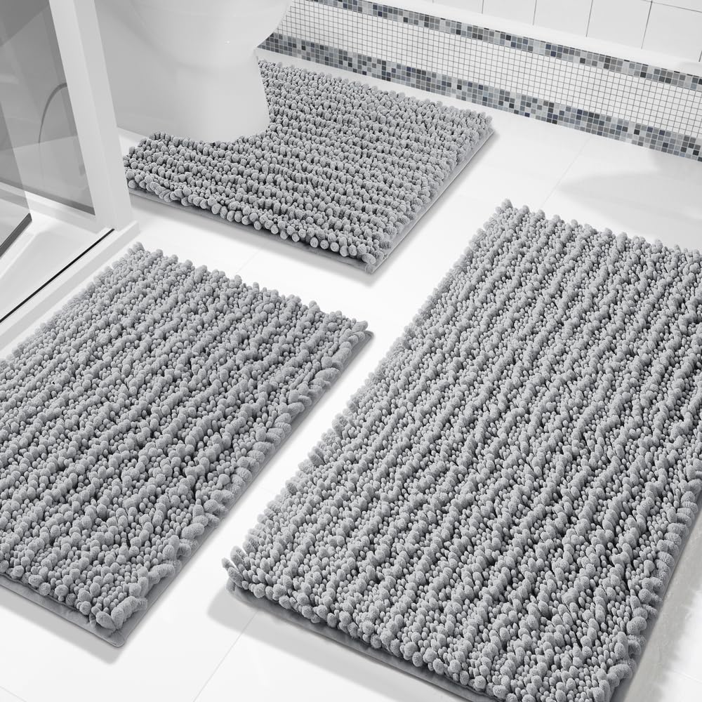 Yimobra Bathroom Toilet Rugs Sets 3 Piece, Extra Soft Absorbent Chenille Bath Mat Set With U-Shaped Toilet Rug, Fluffy Shaggy Ma