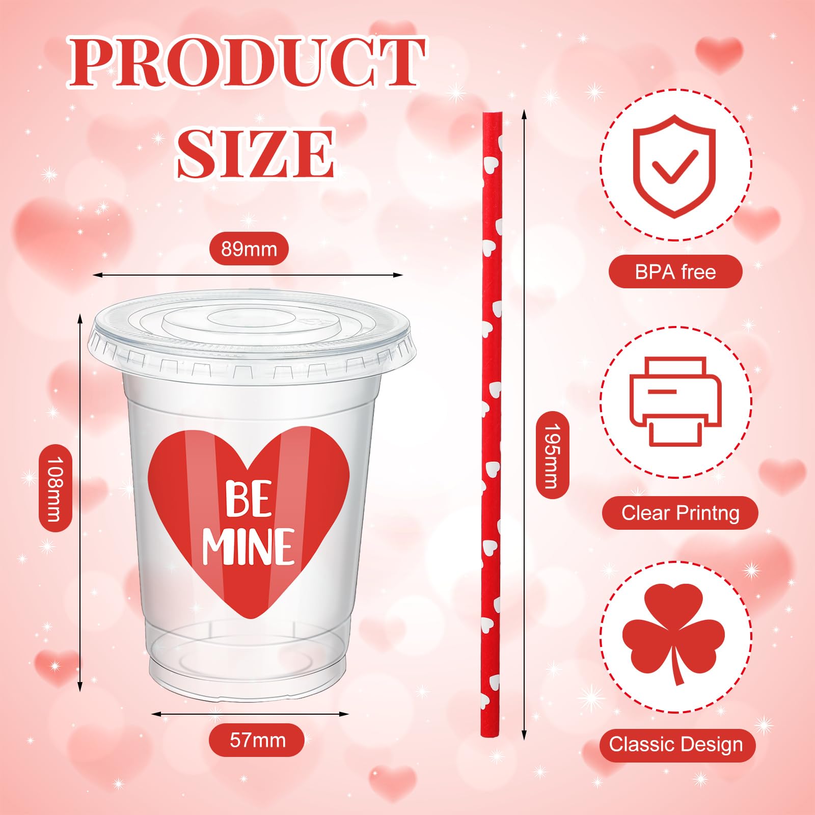 Patelai 120 Set 12 Oz Valentine'S Day Disposable Cups With Lids And Paper Straws Valentine'S Day Plastic Clear Pink Red Heart Be