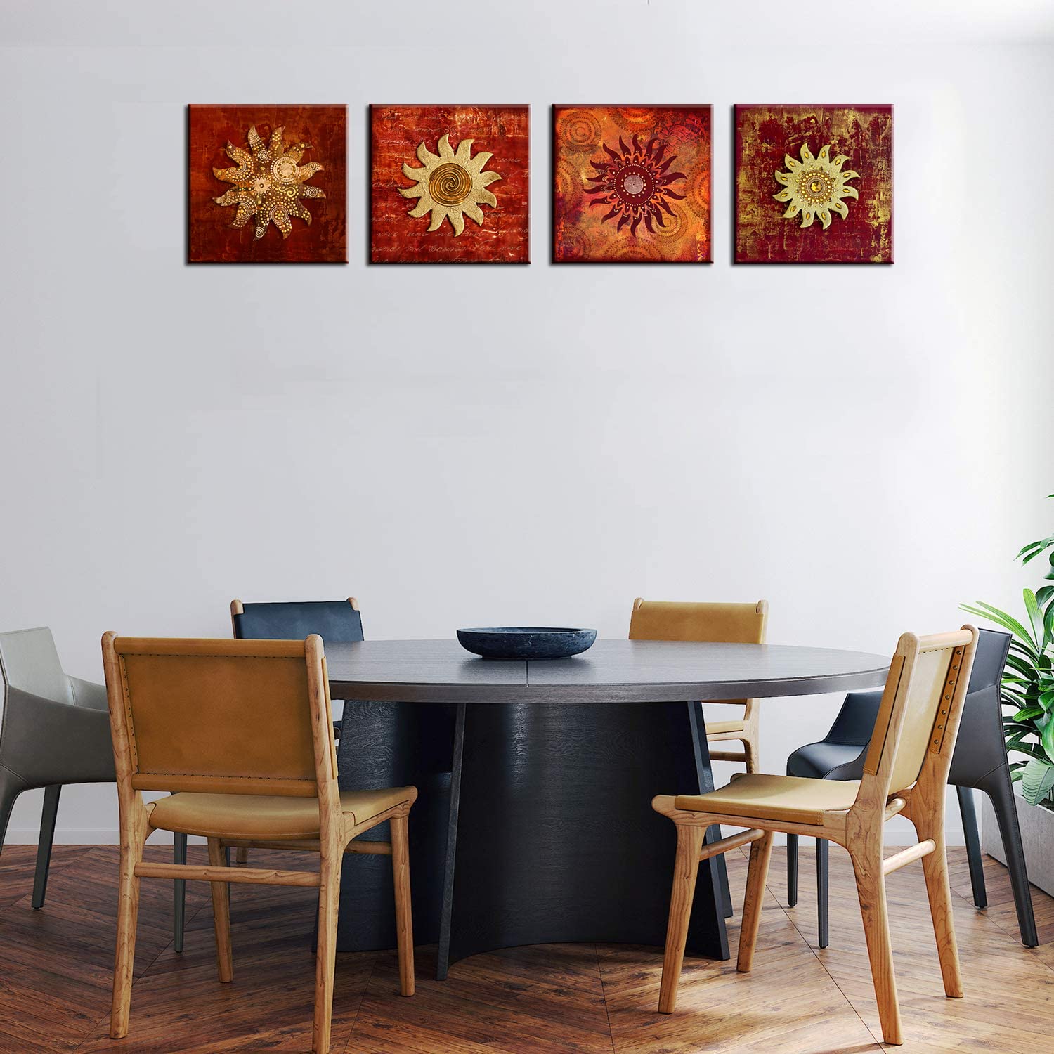 Vintage Flowers Pattern Canvas Prints Wall Art For Bathroom 4 Piece Framed Artwork Abstract Red Sunflower Picture Ready To Hang