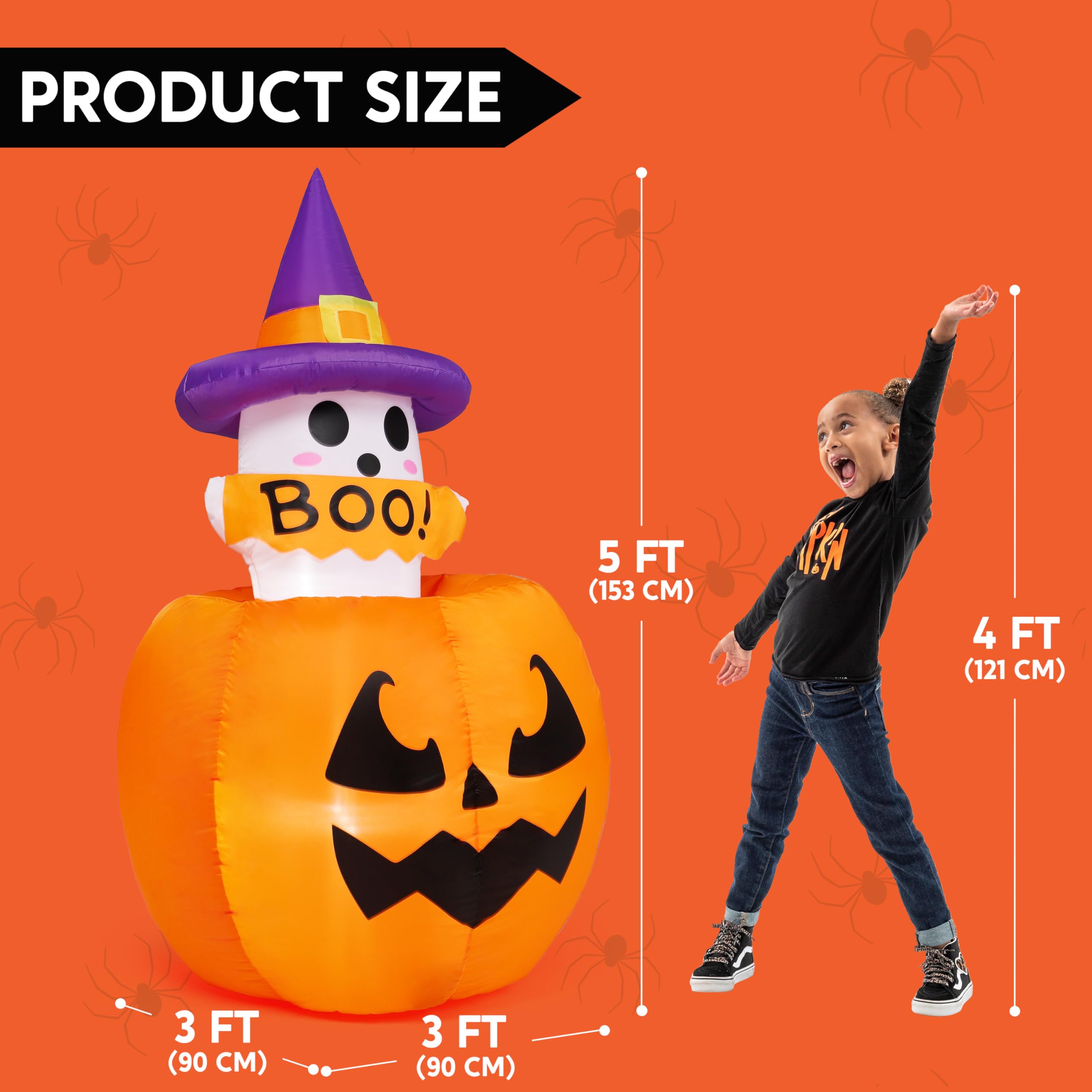 Joiedomi 5ft Tall Halloween Animated Inflatables Outdoor Decorations, Inflatable Ghost on Pumpkin with LEDs, Cute Blow Up Pumpki