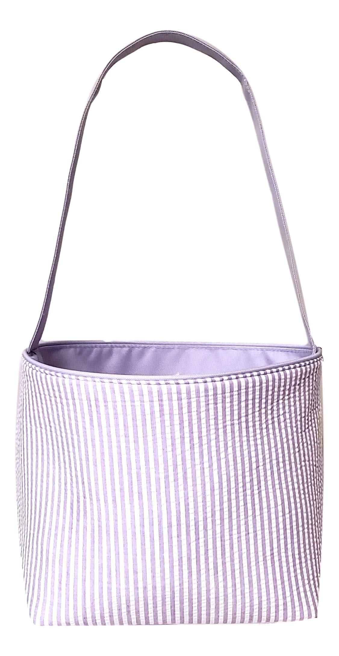 SONA G DESIGNS Purple Seersucker Stripe Fabric Easter Basket Bucket Tote Bag - Egg Collecting
