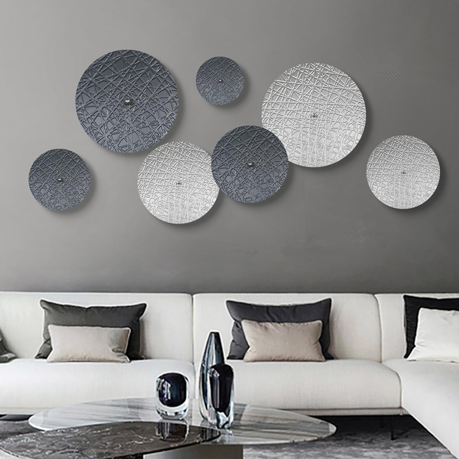 TEIPAI Silver and Grey Wall Decor for Living Room, 7PCS Metal Wall Art Hanging Sculptures for Office Dining Room Decoration, Mod