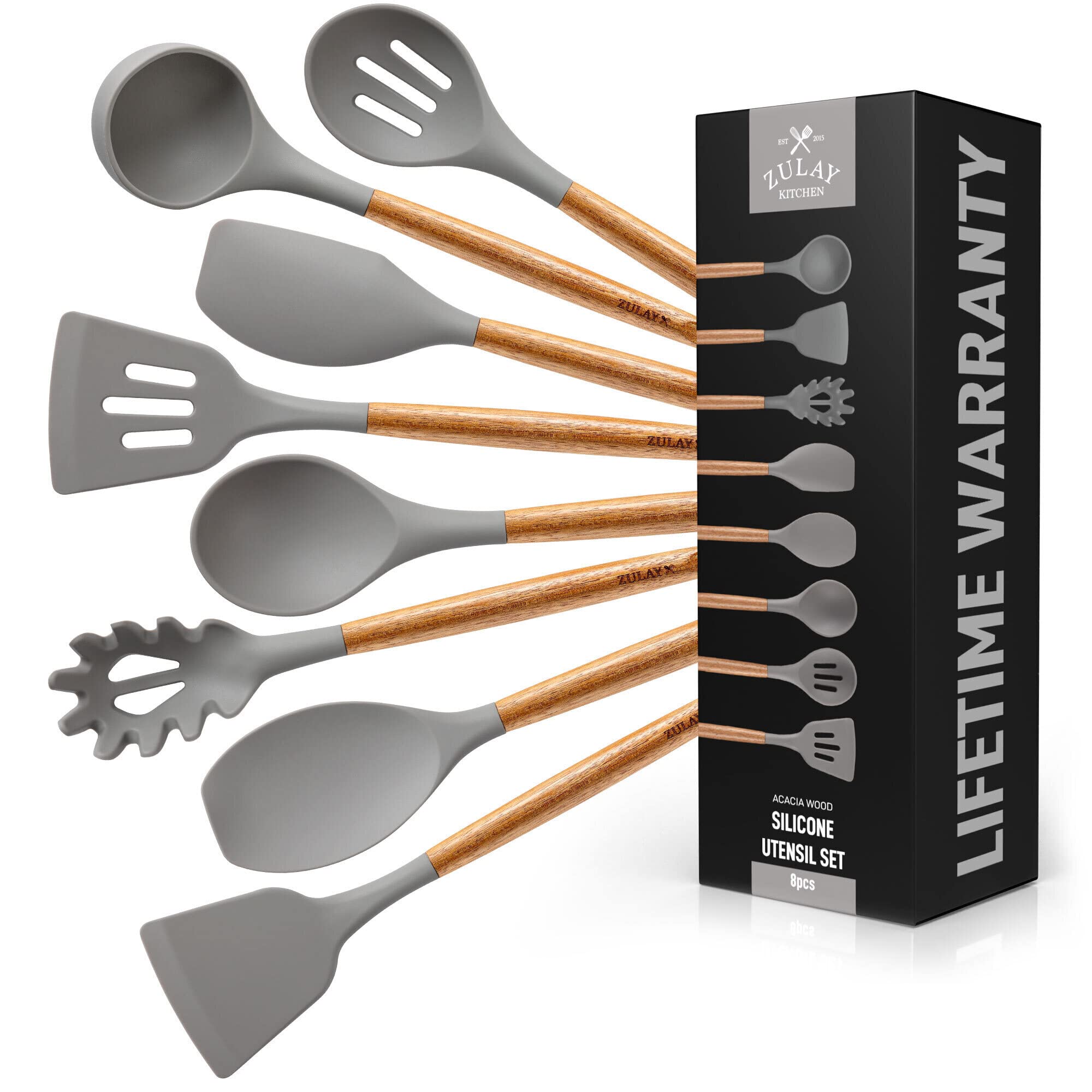 Zulay (8 Piece) Silicone Kitchen Utensils Set For Cooking - Non-Stick Silicone Cooking Utensils Set With Acacia Wood Handle - He