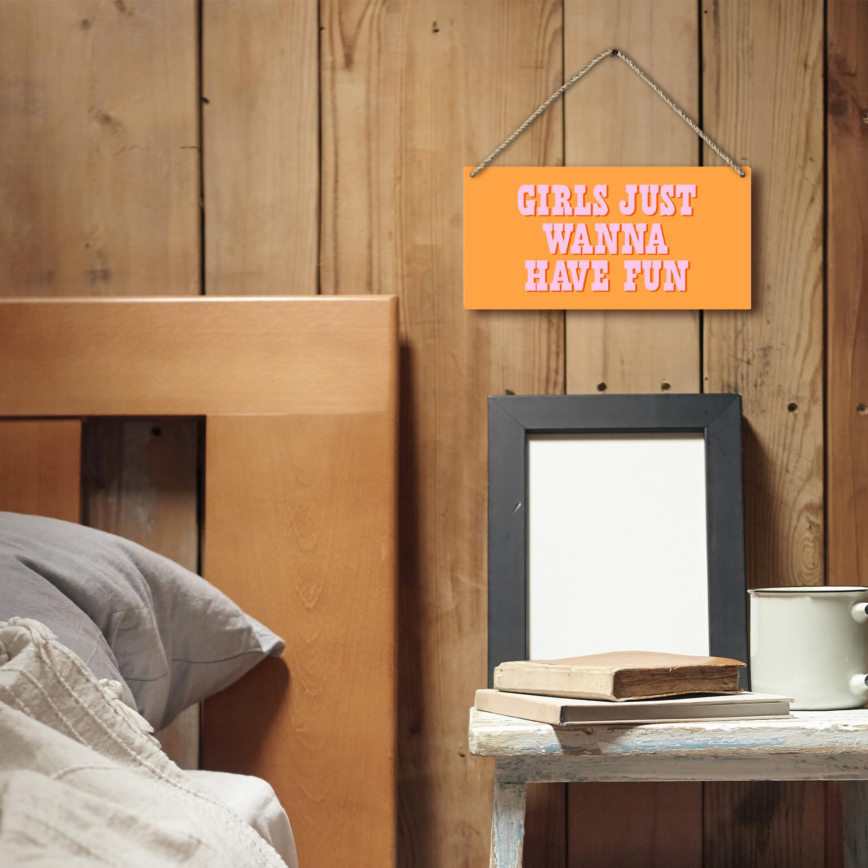 Hot Pink Preppy Girls Just Wanna Have Fun Printed Wood Plaque Sign Wall Hanging,Trendy Preppy Hanging Wall Signs for Girls Room