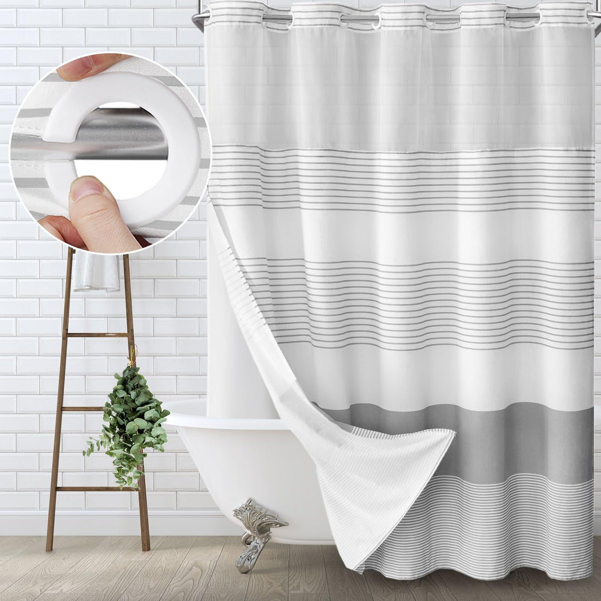 Awellife No Hook Shower Curtain With Snap In Liner Set Cotton And Linen Blend Shower Curtain For Bathroom Boho Gray Striped 81''