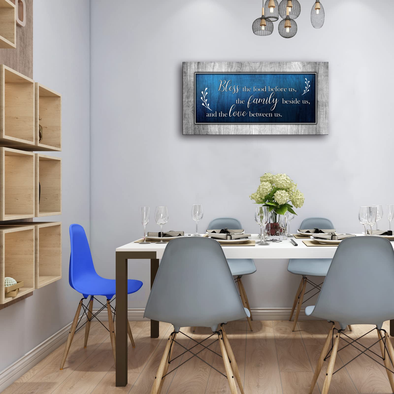 Christian Wall Art Decor Blue And Grey Canvas Prints Bless The Food Quote Wall Pictures Framed Artwork For Home Living Room Dini