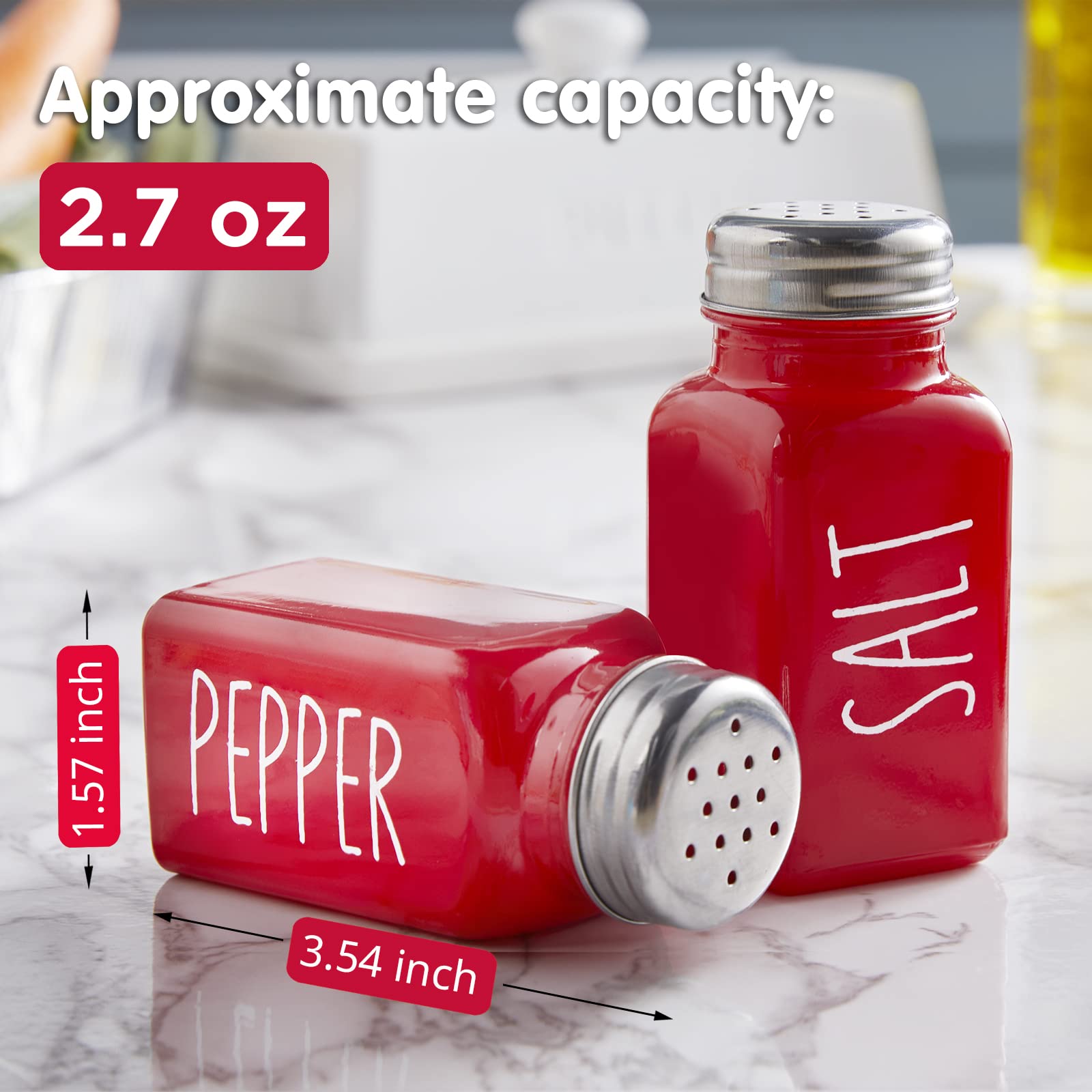 Red Salt And Pepper Shakers Set - Red Farmhouse Kitchen Decor And Accessories - Cute Glass Salt Shaker For Kitchen And Table