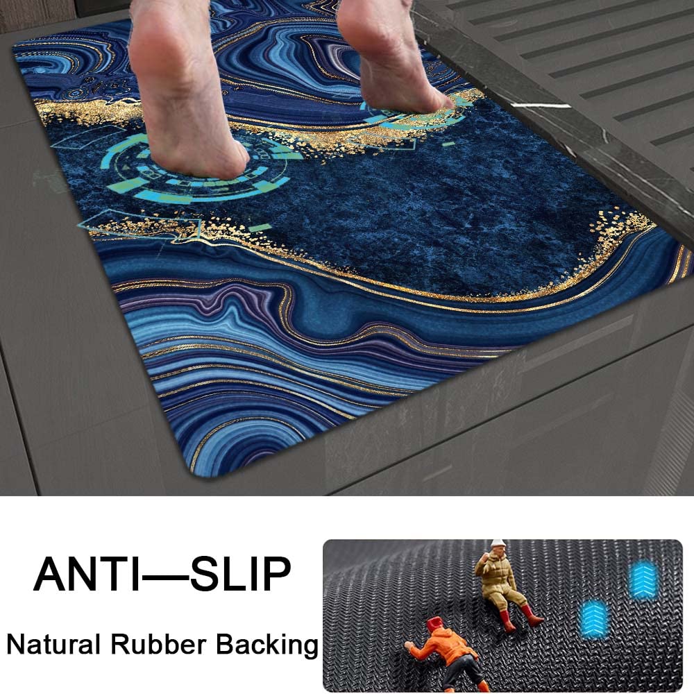 Zhuzhishan Bath Mat Rug,Dark Blue Gold Marblenon Slip Quick Dry Super Absorbent Thin Bathroom Rugs Fit Under Door-Easy To Clean