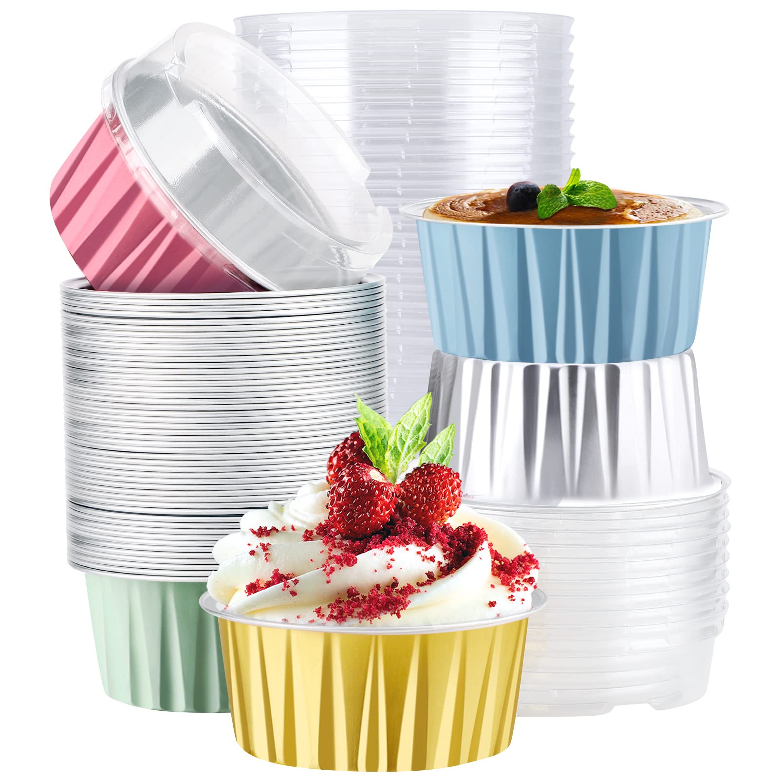 EUSOAR Cupcake Cups with Lids, Pack of 50 5oz Assorted Colors Muffin Liners, Disposable Aluminum Foil Cupcake Baking Cups Rameki