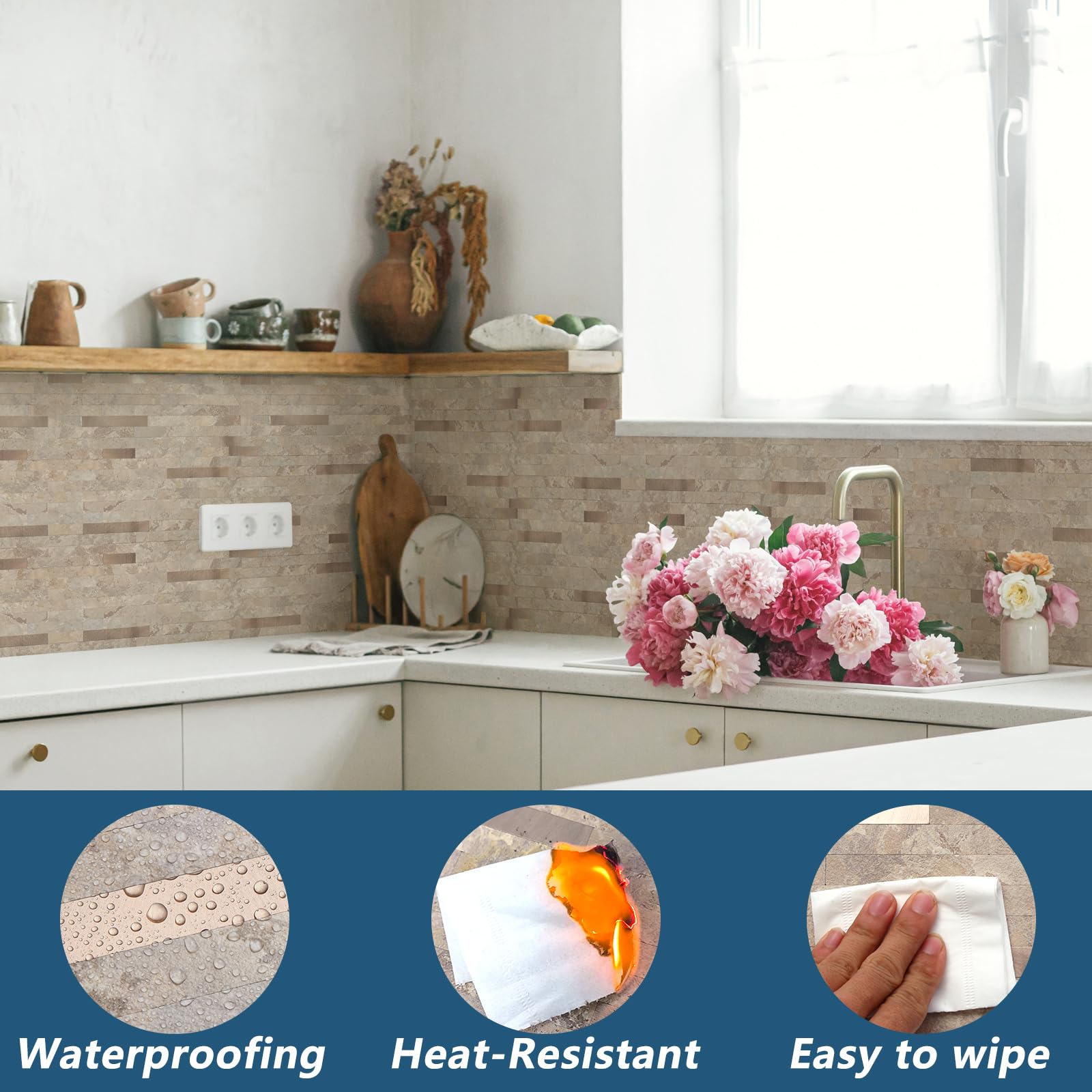 Yipscazo 20 Sheets Peel and Stick Stone Metal Tile Backsplash, Stick on Tiles for Backsplash Kitchen, Bathroom, Laundry Room, Ca
