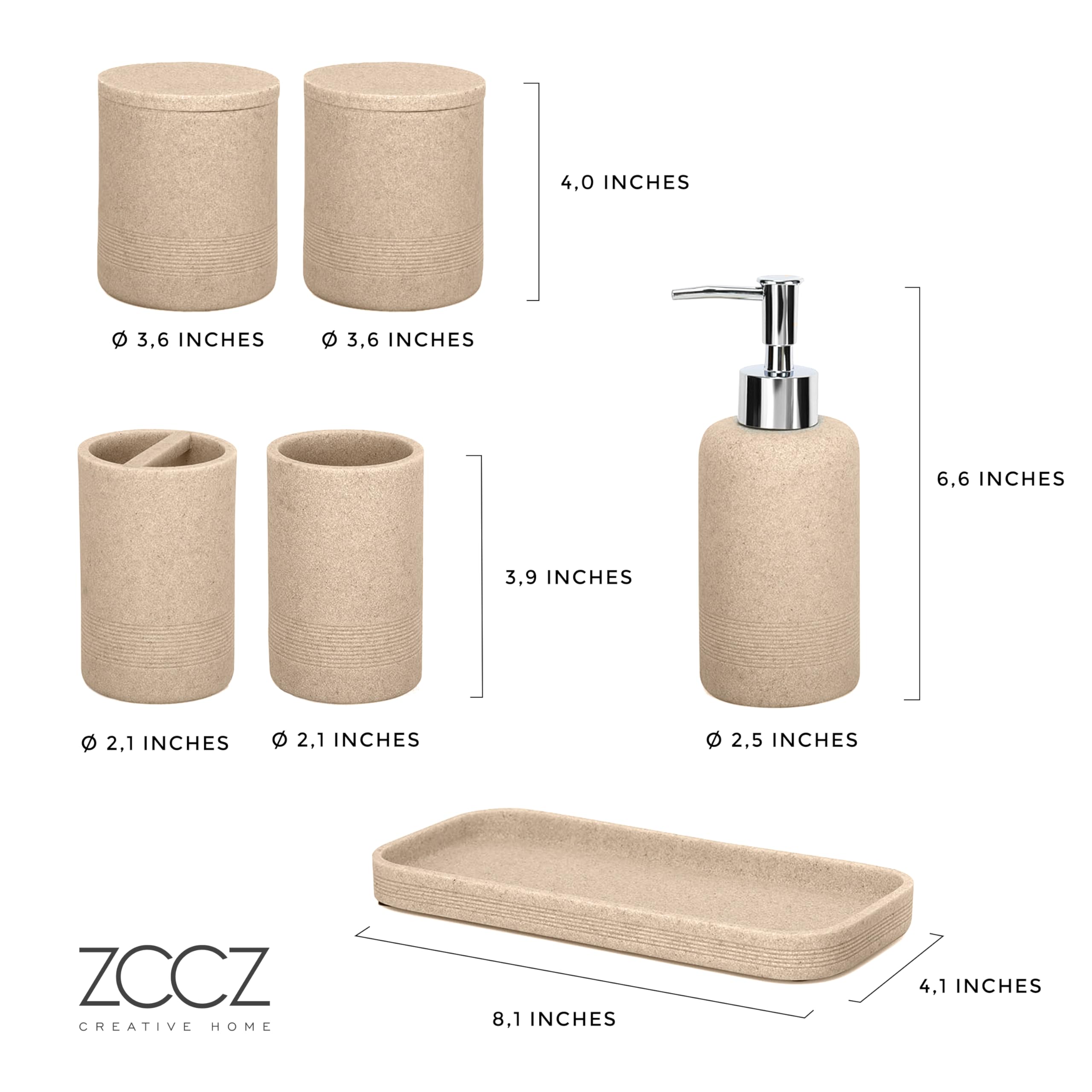 ZCCZ - Beige Bathroom Accessories Set 6 Pcs - Toothbrush Holder  Lotion Soap Dispenser  2 Qtip Holder Dispensers  Vanity Tray  Bathroom Tumbler - Countertop Vanity Organizer - Bathroom Accessory Set