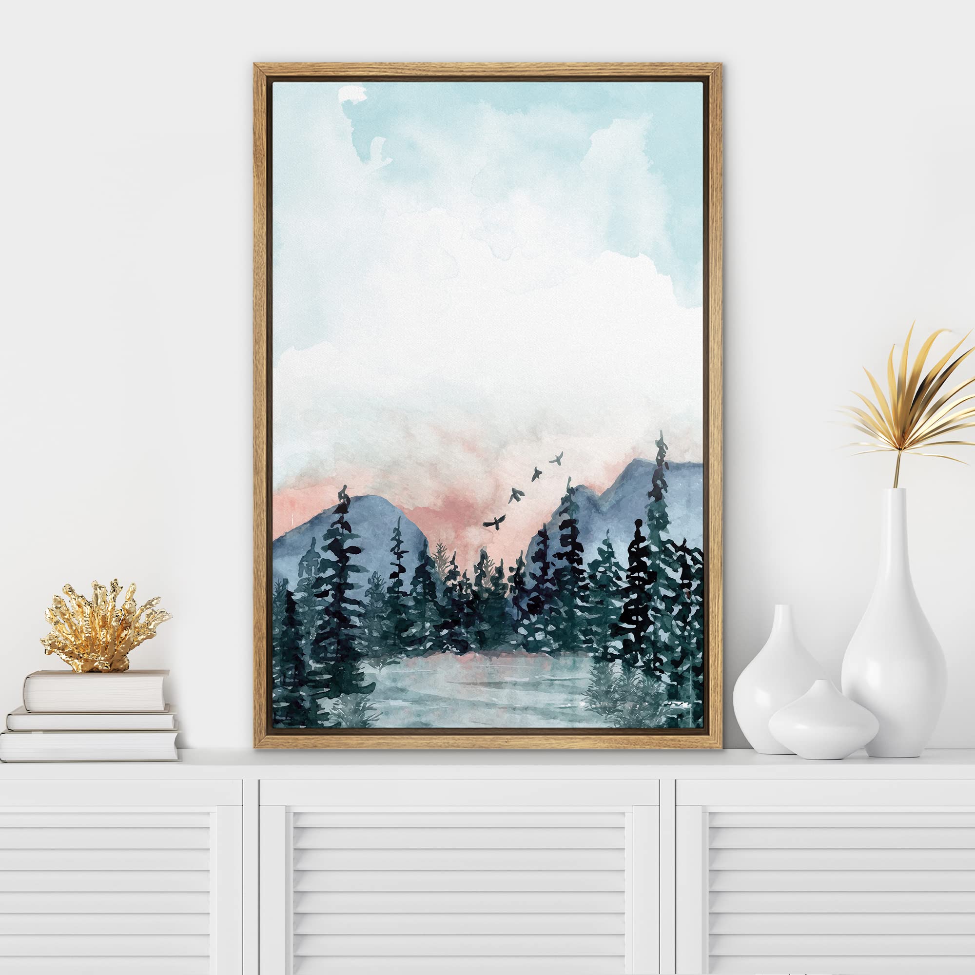 Signwin Framed Canvas Print Wall Art Woodland Nursery Decor Watercolor Pastel Forest Mountain Lake Floral Nature Illustrations M