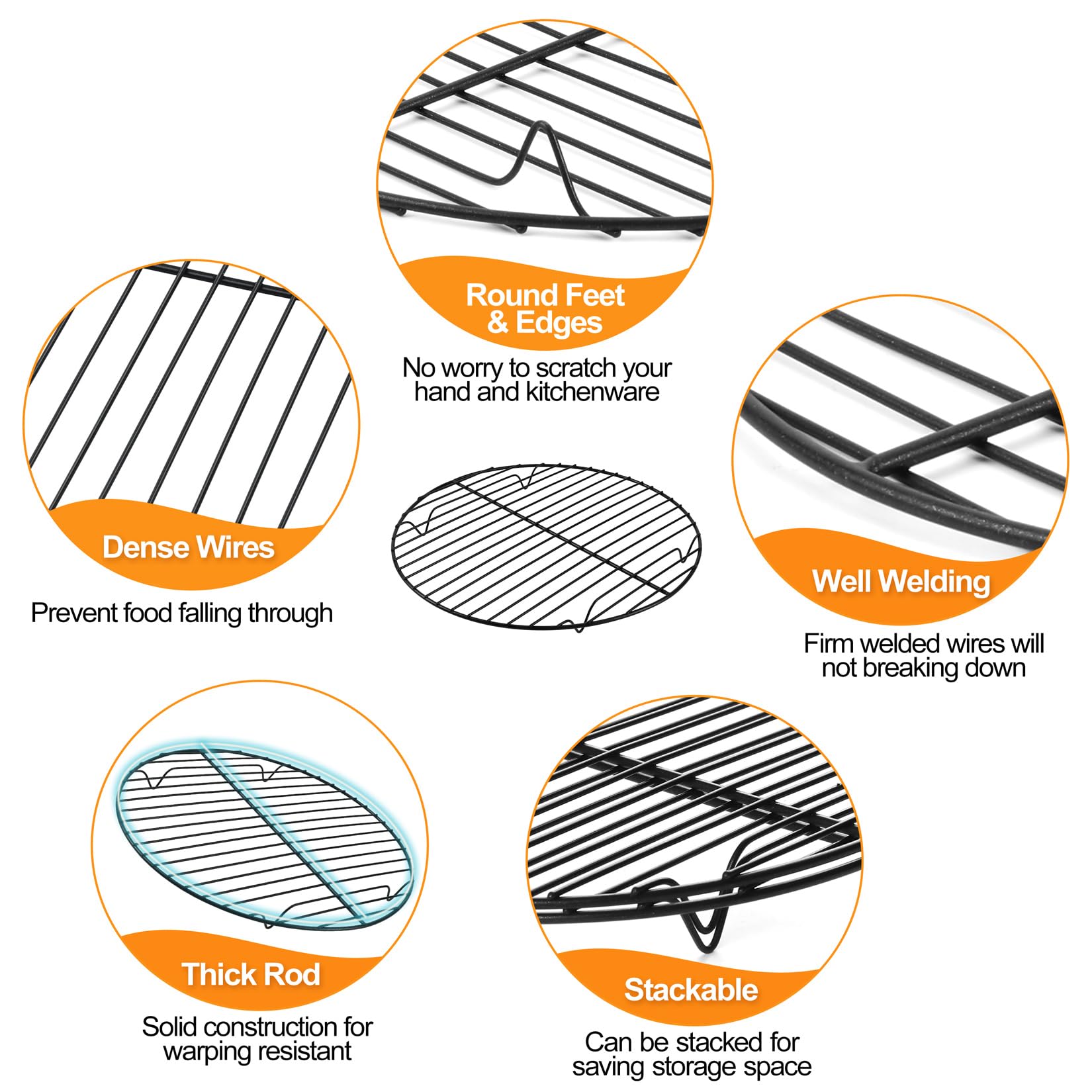 Non-Stick Round Racks For Cooling Baking Cooking, P&P Chef 10 Inch Roasting Wire Rack Set Of 2, Stainless Steel Core & Nonstick