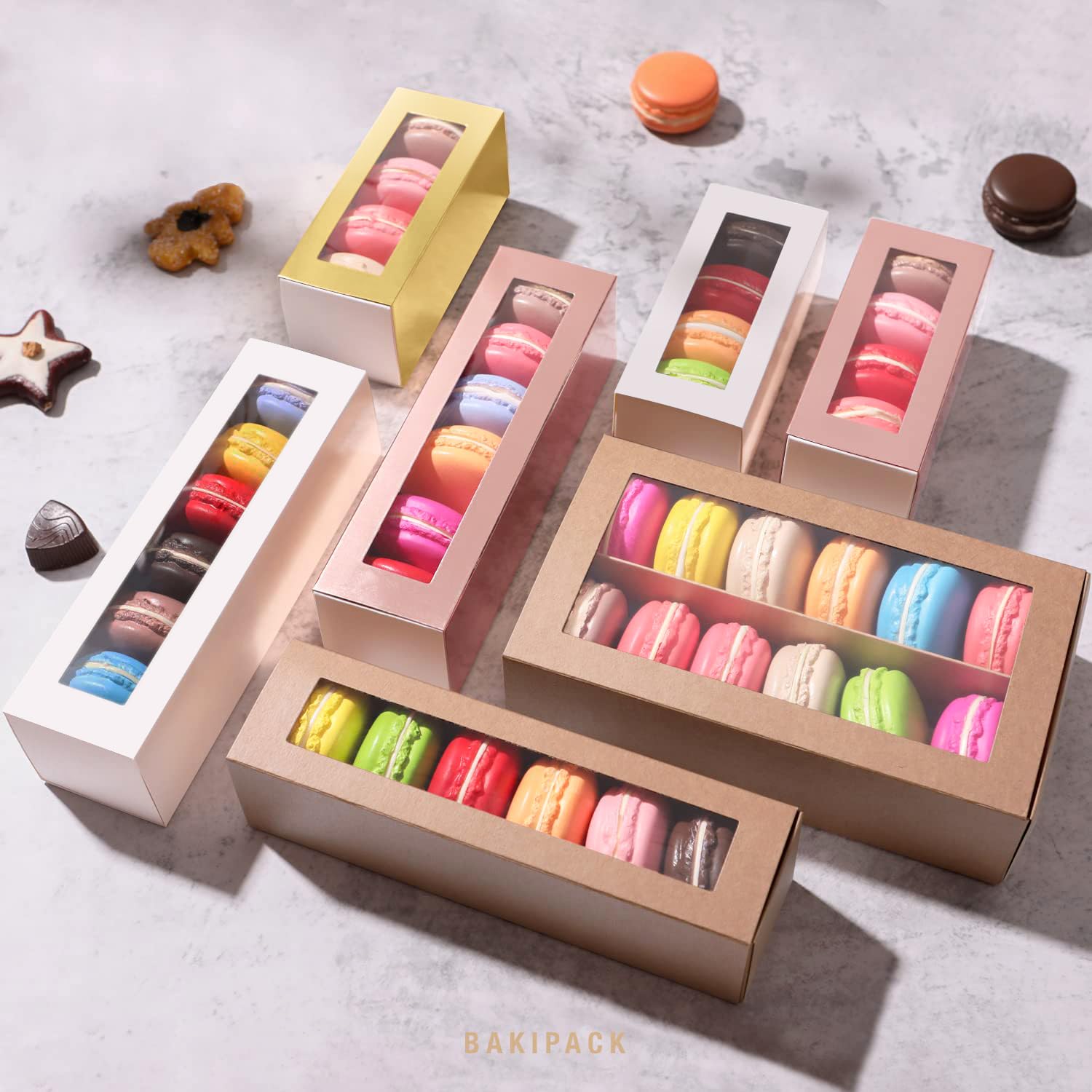 BAKIPACK Macaron Boxes - 15 Gold Macaron Gift Boxes with Clear Window, Interior 7.3x4.2x1.9 Inches