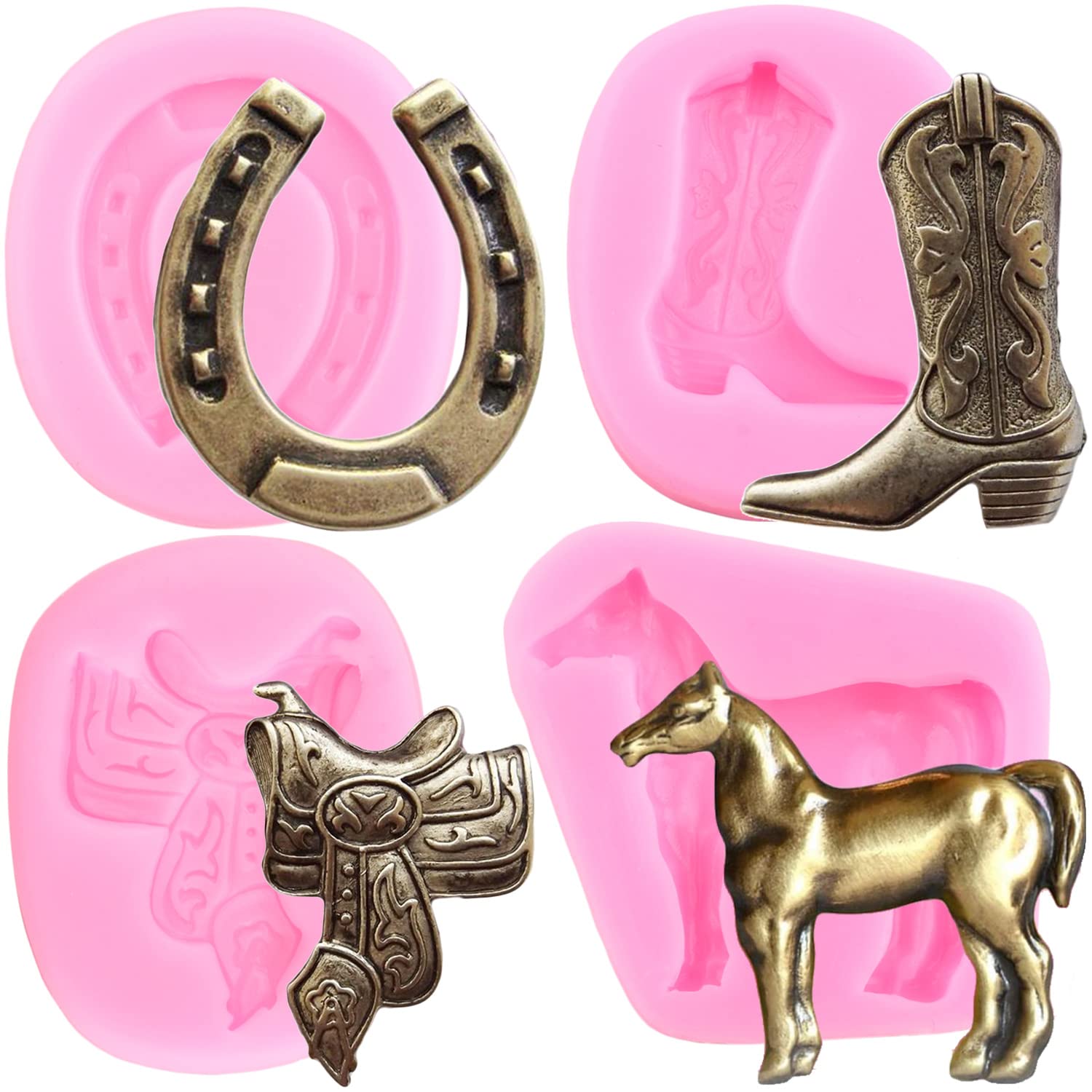 Mujiang Horse Silicone Molds Horseshoe Hoof Fondant Molds Cowboy Boot Candy Mold Saddle Mold For Cake Decorating Cupcake Topper