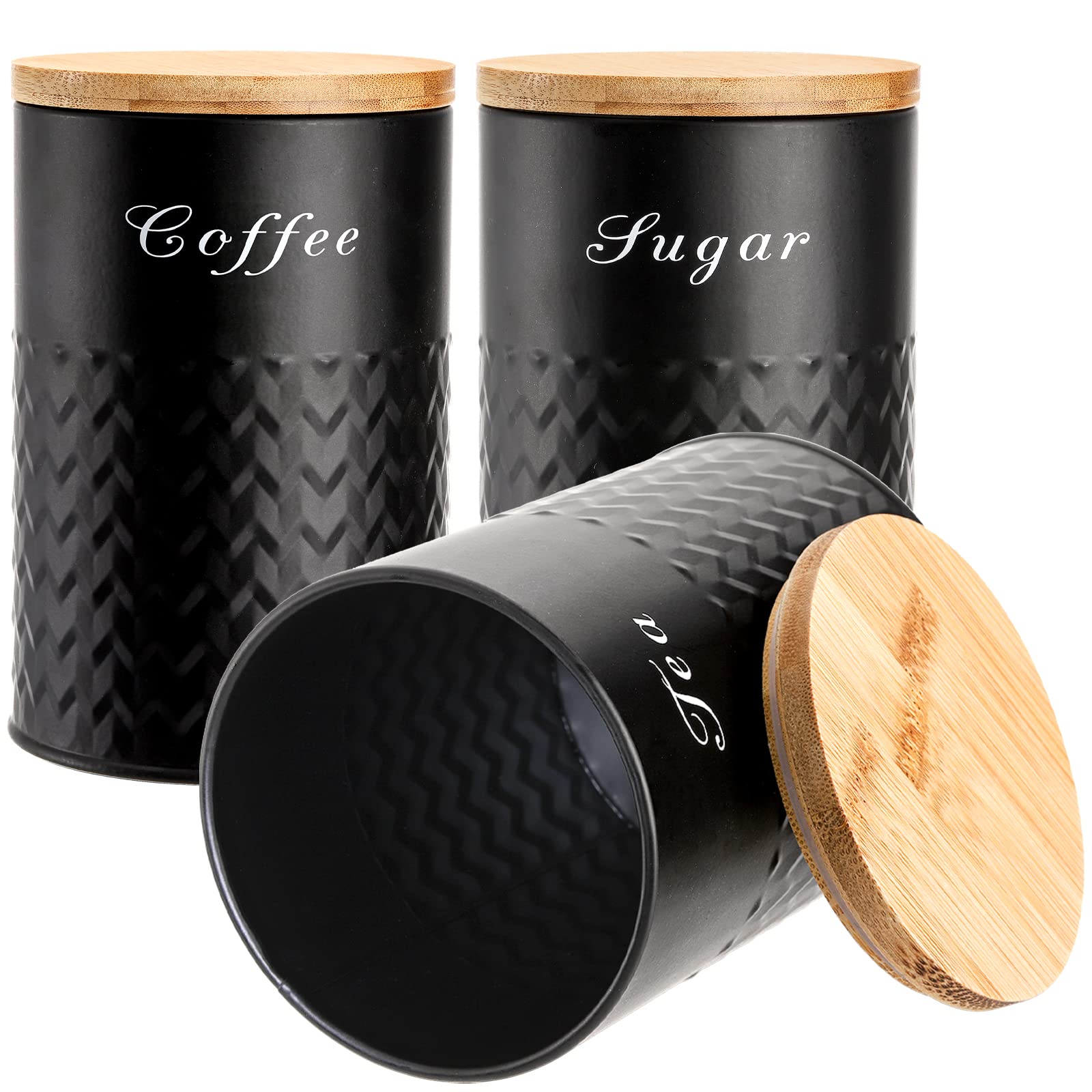 Bekith 3 Pack Kitchen Canisters With Bamboo Lids, Airtight Metal Canister Set, Food Storage Containers Jars For Coffee, Sugar, T
