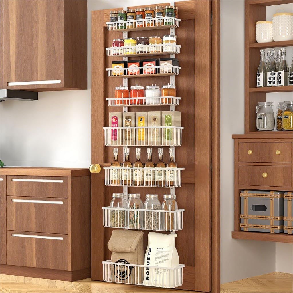Moforoco White Over The Door Pantry Organizer, Pantry Organization and Storage, Metal Hanging Spice Rack Shelves Door, Seasoning