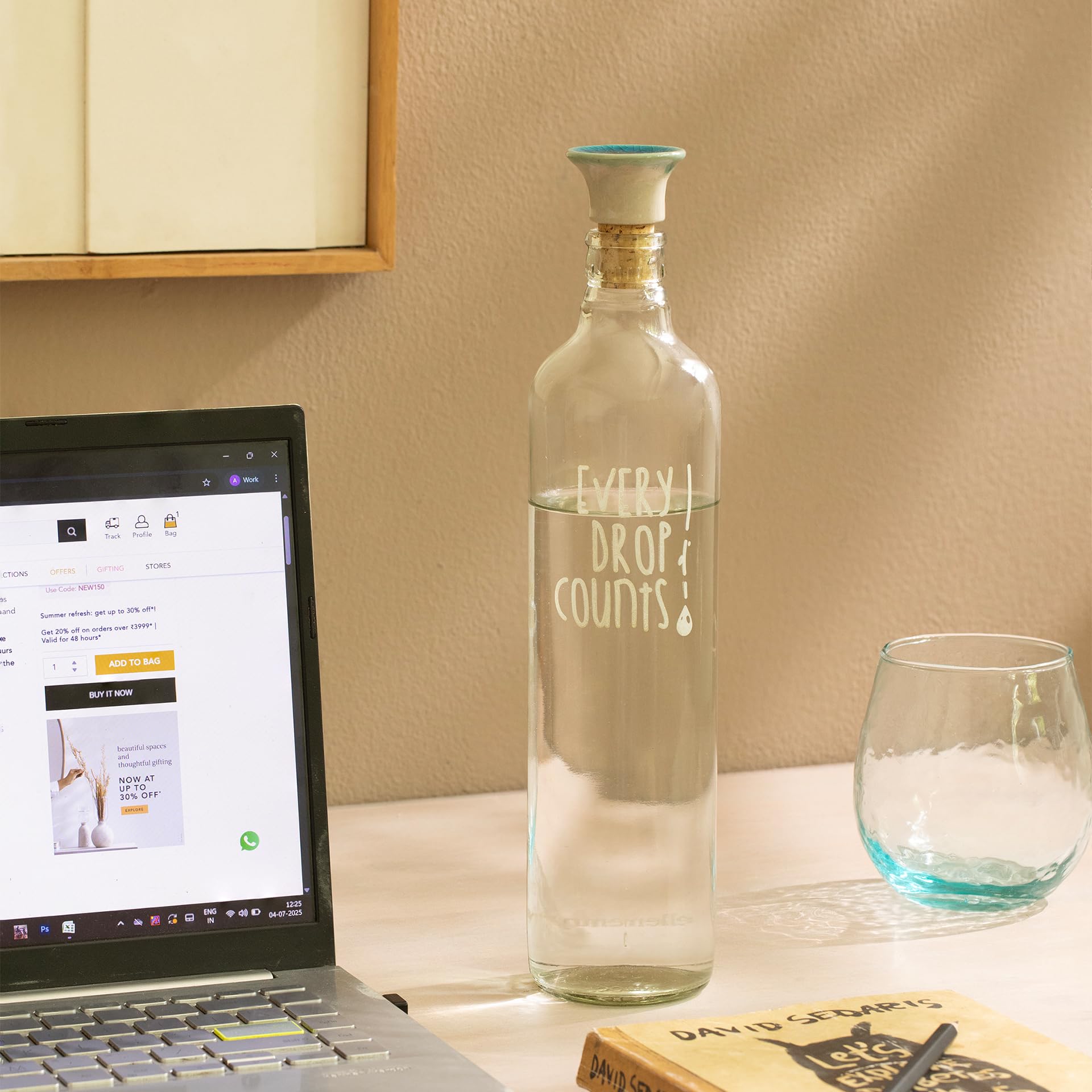 Ellementry Drop Handcrafted Glass Bottle Water With Cork (750 Ml)| Eco Friendly Water Bottle For Fridge, Home, Office | Bpa Fre