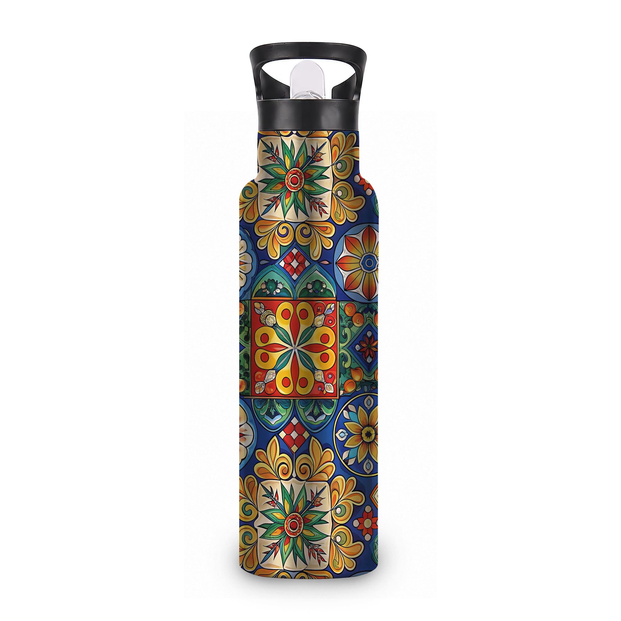 ICRICR Mexican Tile Insulated Water Bottle with Straw 20 oz,Geometric Floral Stainless Steel Leak Resistant Double Wall Water Bo