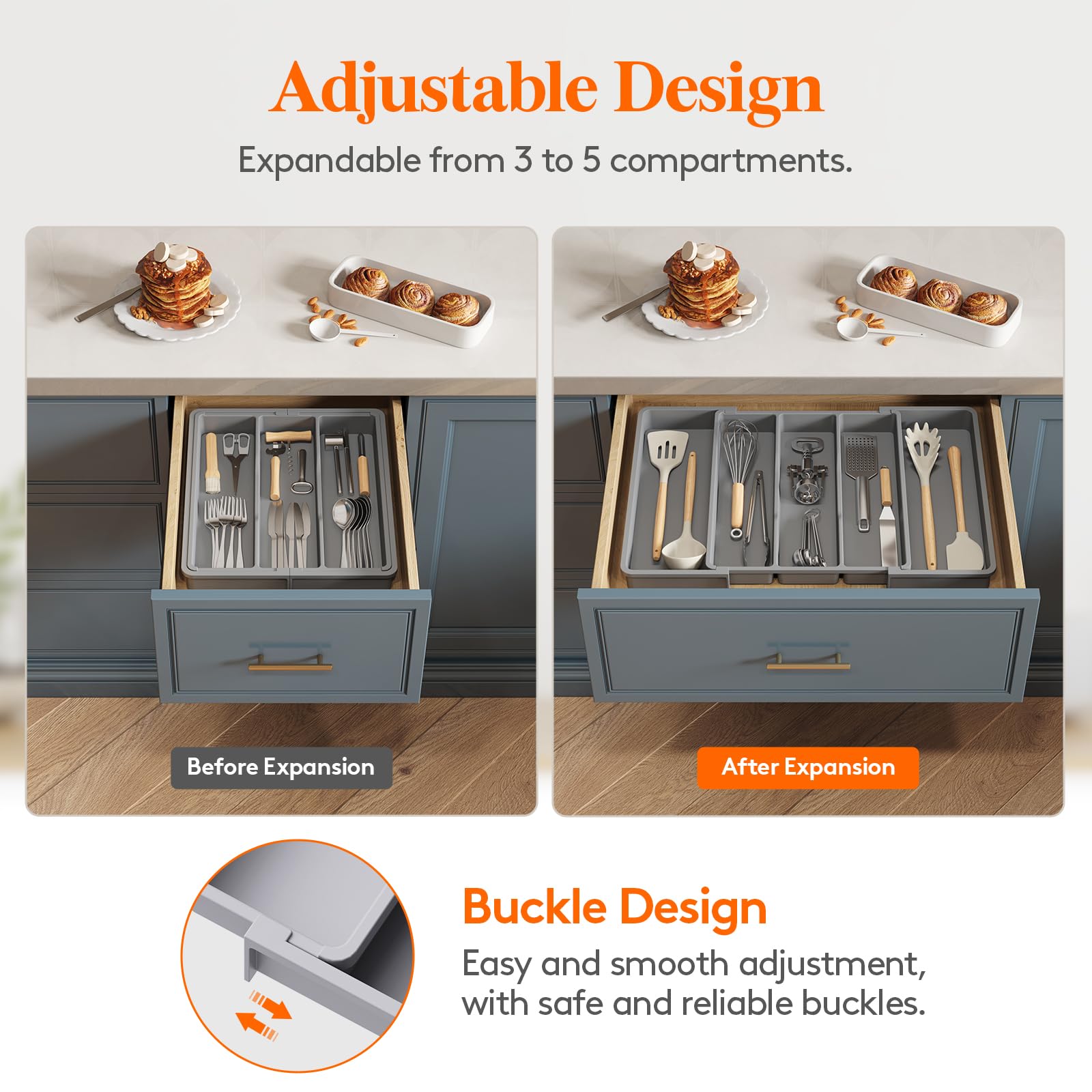 Lifewit Utensil Organizer For Kitchen Drawers, Expandable Cooking Utensil Tray, Adjustable Cutlery Silverware Flatware Holder, P