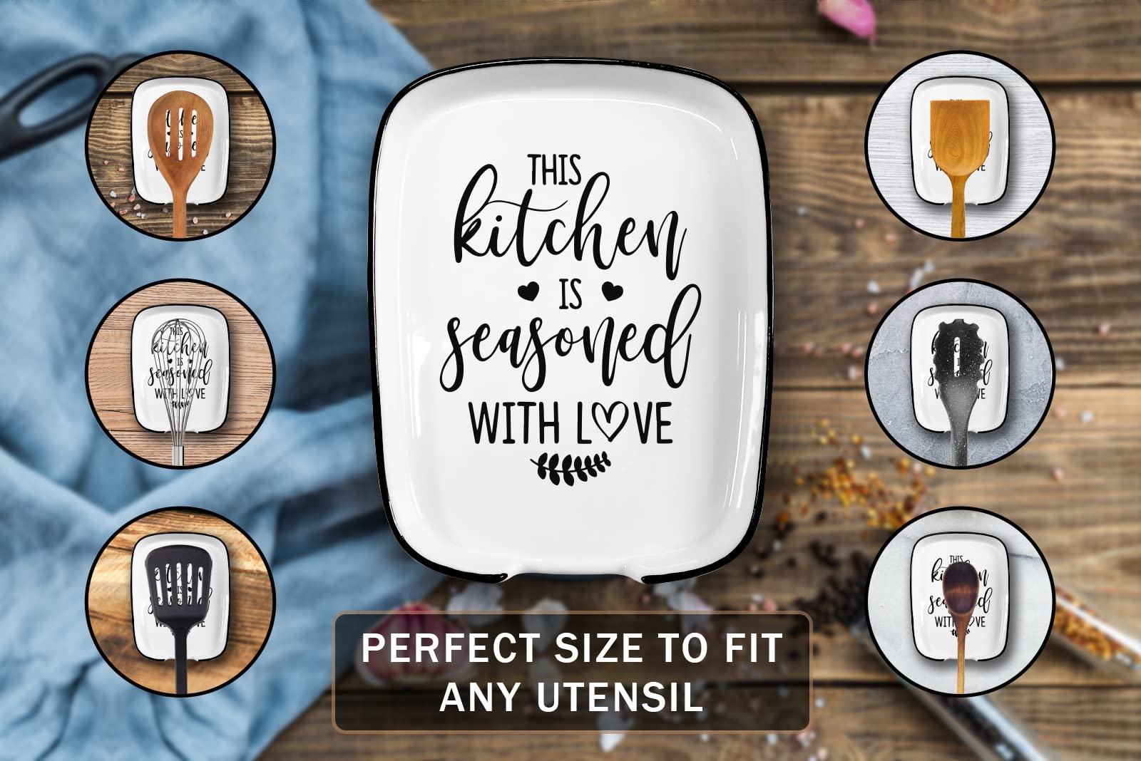 KBWUZ Ceramic Spoon Rest for Kitchens Stove Top Counter, Funny This Kitchen is Seasoned with Love White Spoon Holders for Chef,