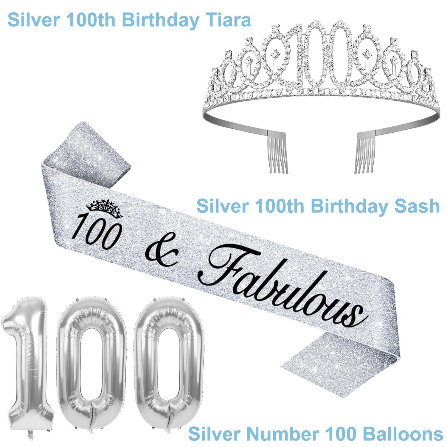 100th Birthday Decorations for Women Silver with 100th Birthday Sash and Tiara, Cake Topper and Candles, Silver Number Balloons,