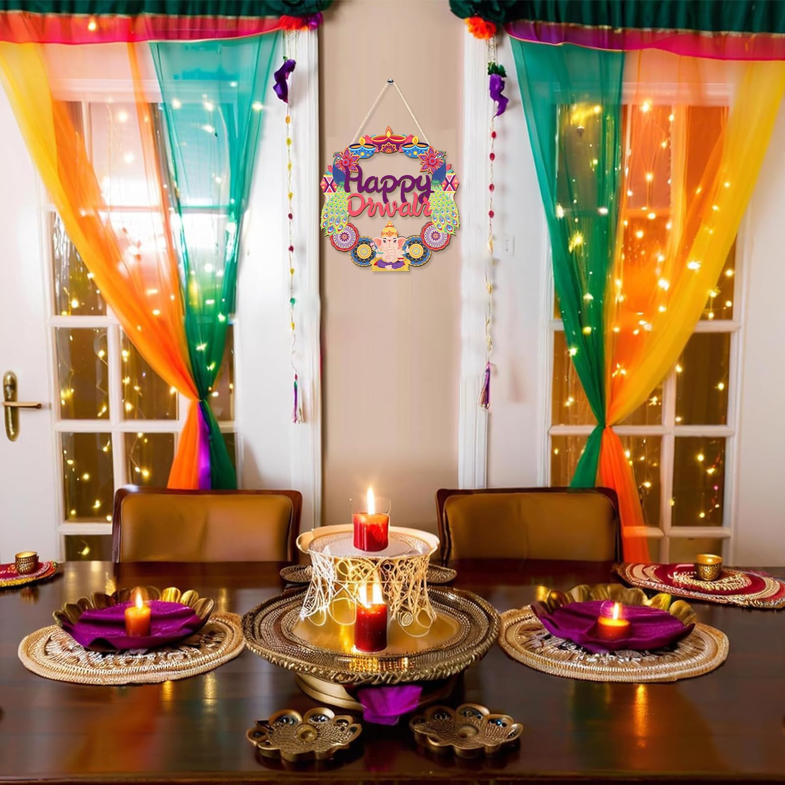 COCHIE Happy Diwali Sign Door Decorations, Indian Festival of Light Wood Wreath for Front Door Porch Window Wall Hanging Decor,