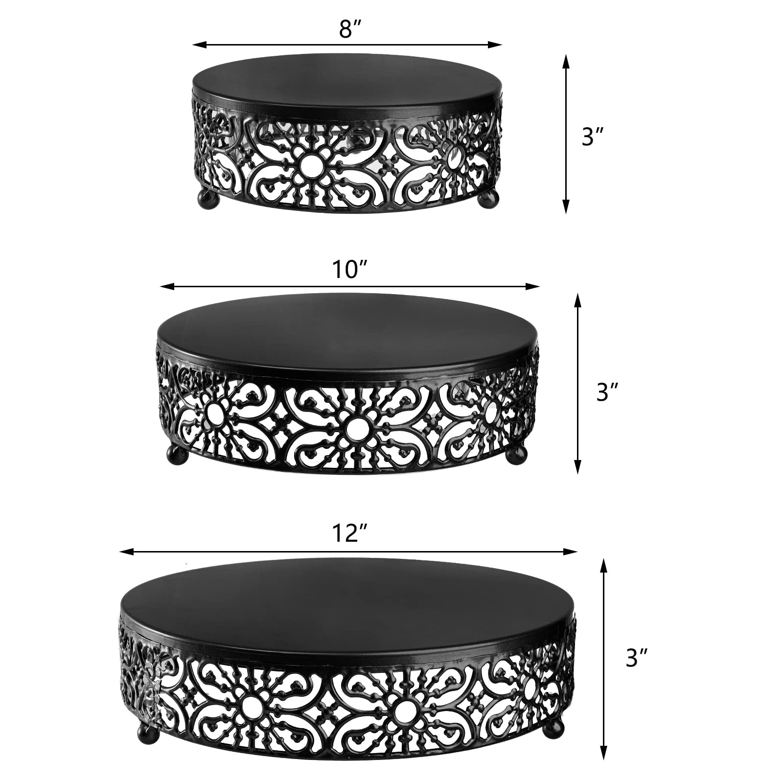 Hedume Set Of 3 Metal Cake Stand, Black Round Cake Stand, 8'' 10'' 12'' Dessert Cupcake Pastry Candy Display Plate For Wedding,