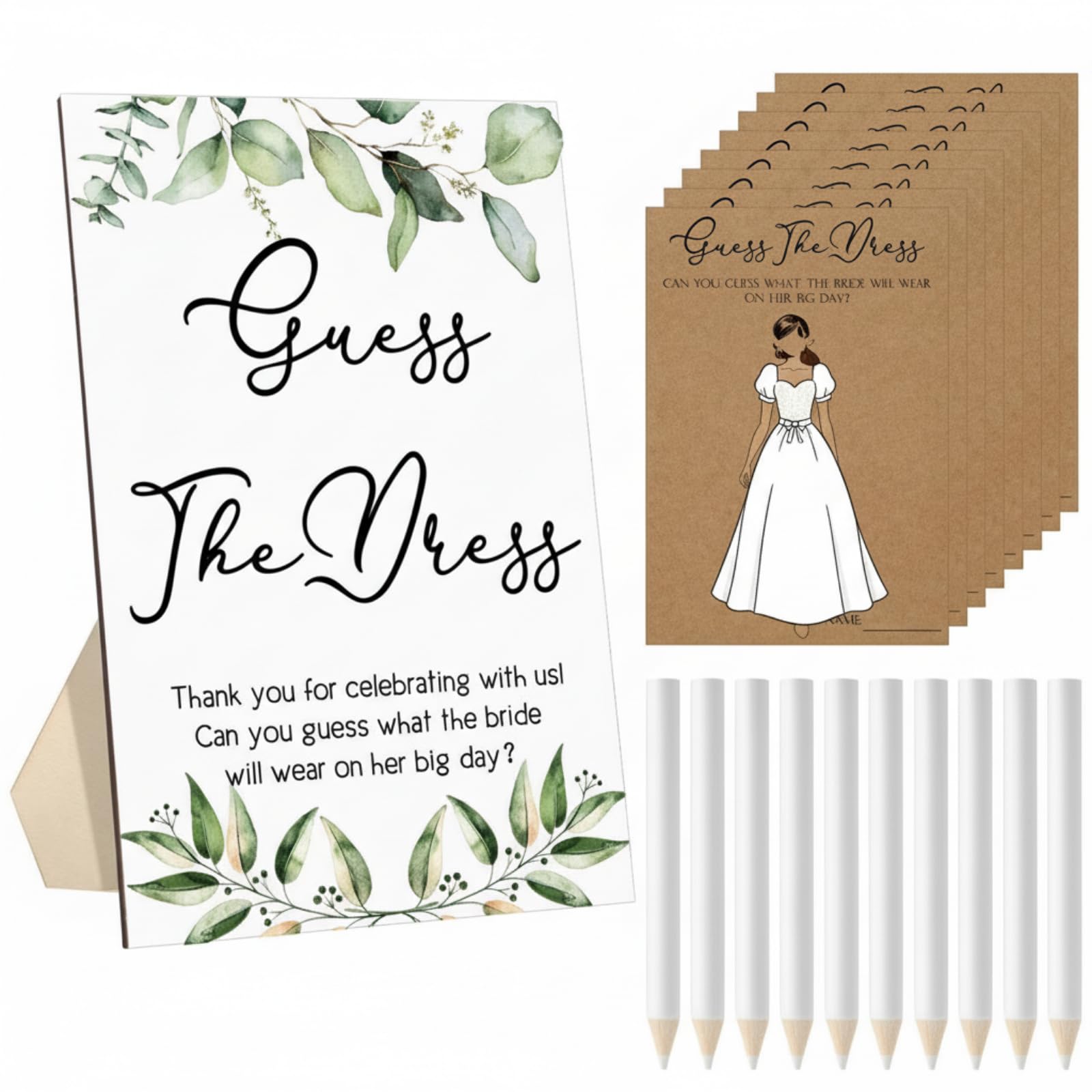 Seajan 50 Sets Guess The Dress Bridal Shower Game Wooden Sign Fun Bridal Shower Games Table Sign 50 Small Guessing Cards 50 Penc